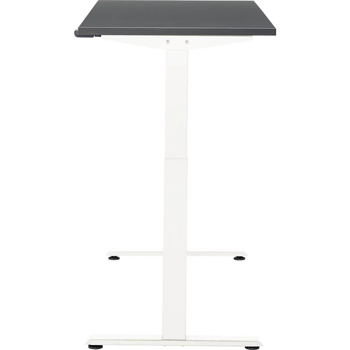 In hoogte verstelbaar bureau, grijs tafelblad, wit frame. Het bureau staat tegen een witte achtergrond.