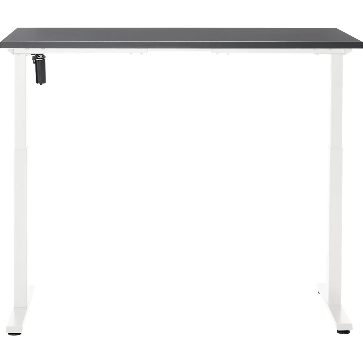 Statafel tegen een witte achtergrond. Donkergrijs tafelblad, witte poten. Hoogteverstelling aan de zijkant.