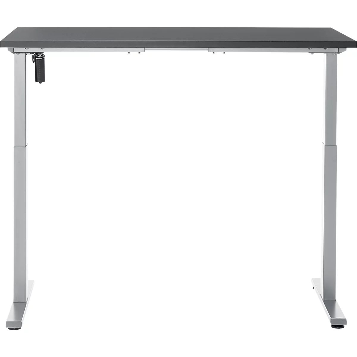 Lichtgrijze verstelbare bureau met donkergrijze tafelblad en zilveren poten, tegen een witte achtergrond.