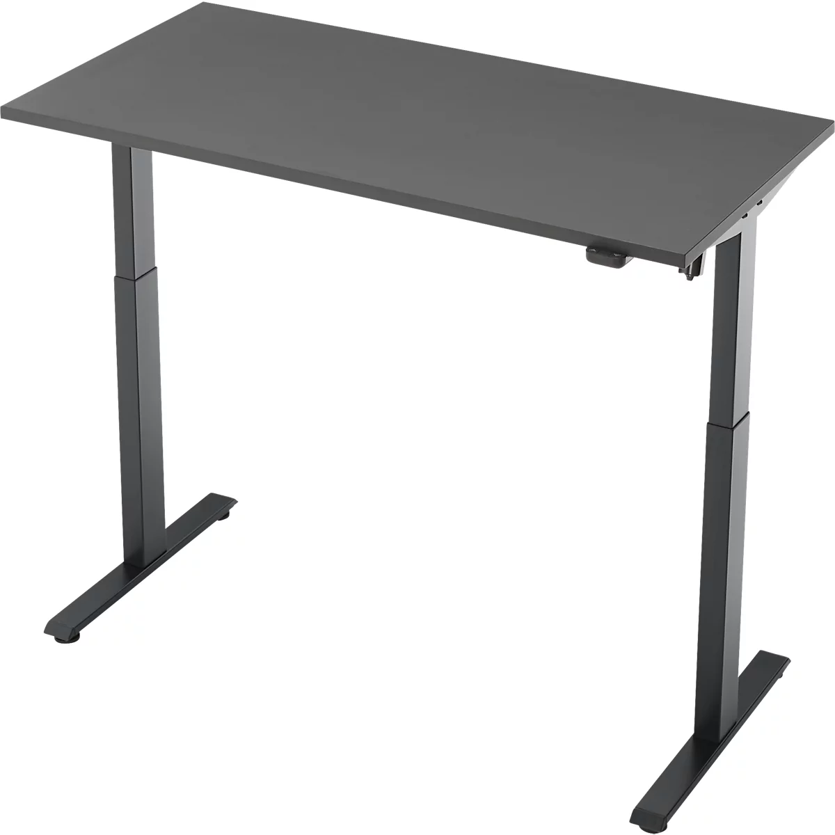 Een grijze, in hoogte verstelbare bureau tegen een witte achtergrond. Het frame is zwart, het tafelblad rechthoekig.