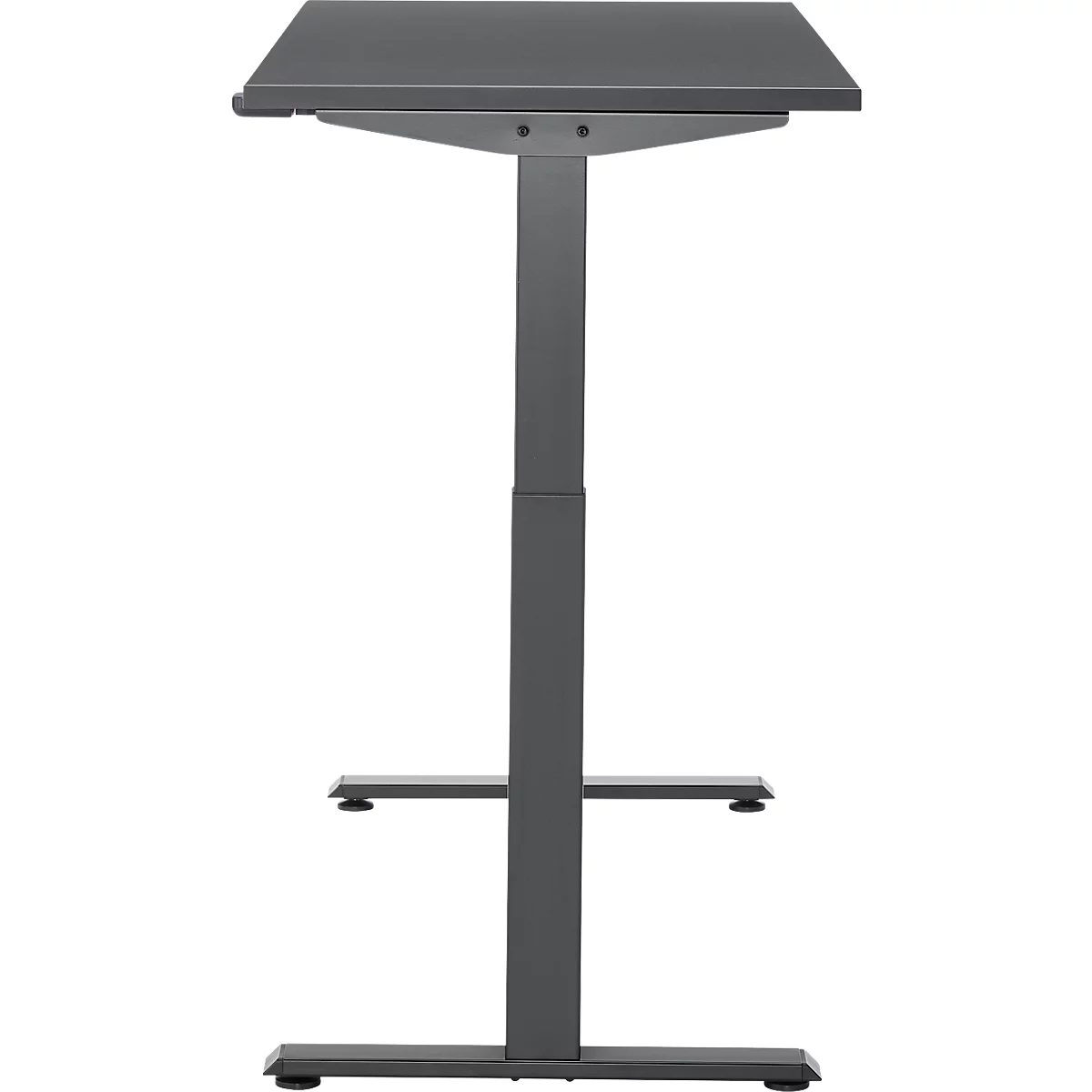Grijze staande bureau, in hoogte verstelbaar, met een rechthoekig tafelblad en twee poten.