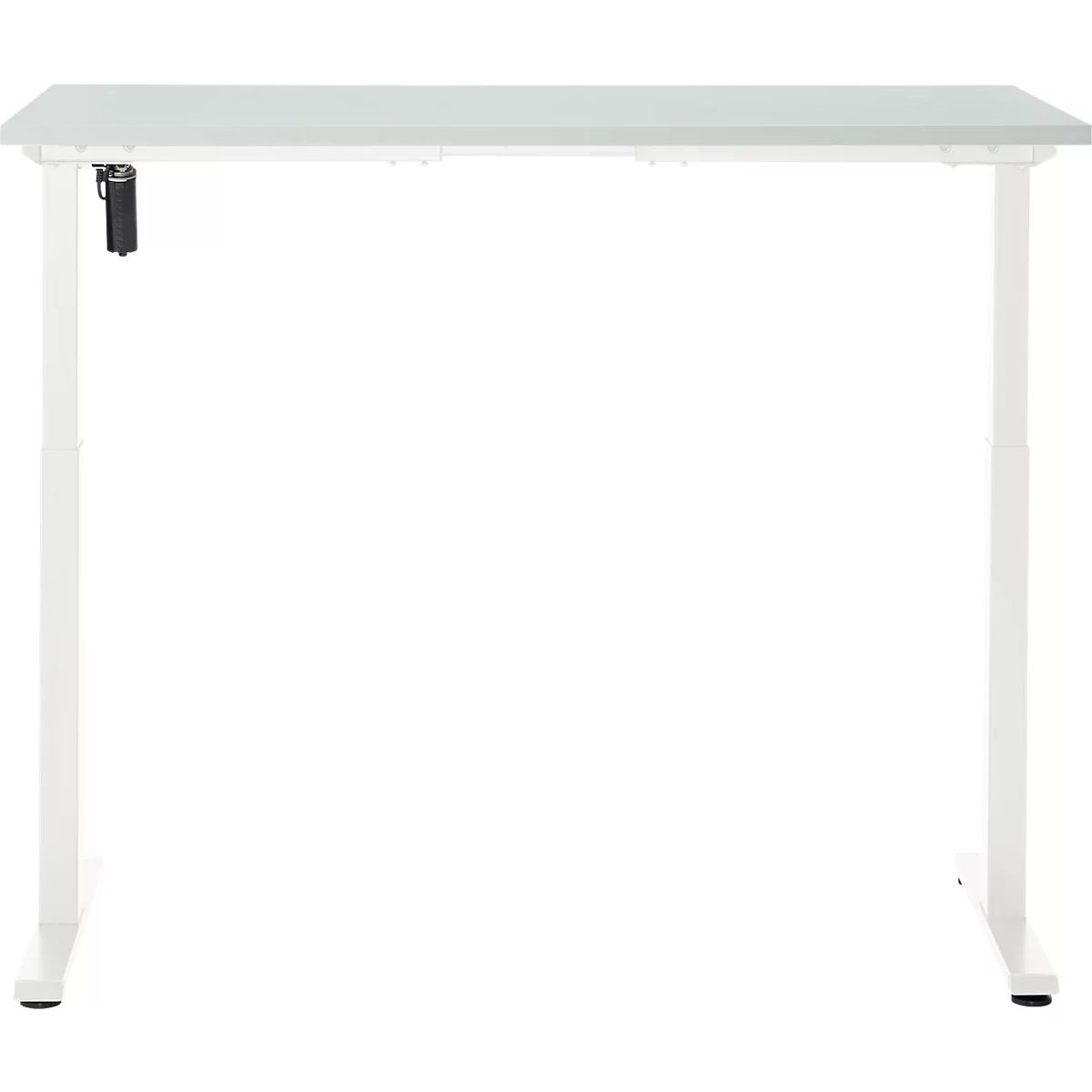 Witte, in hoogte verstelbare bureau. Op een witte achtergrond, met een grijs tafelblad.