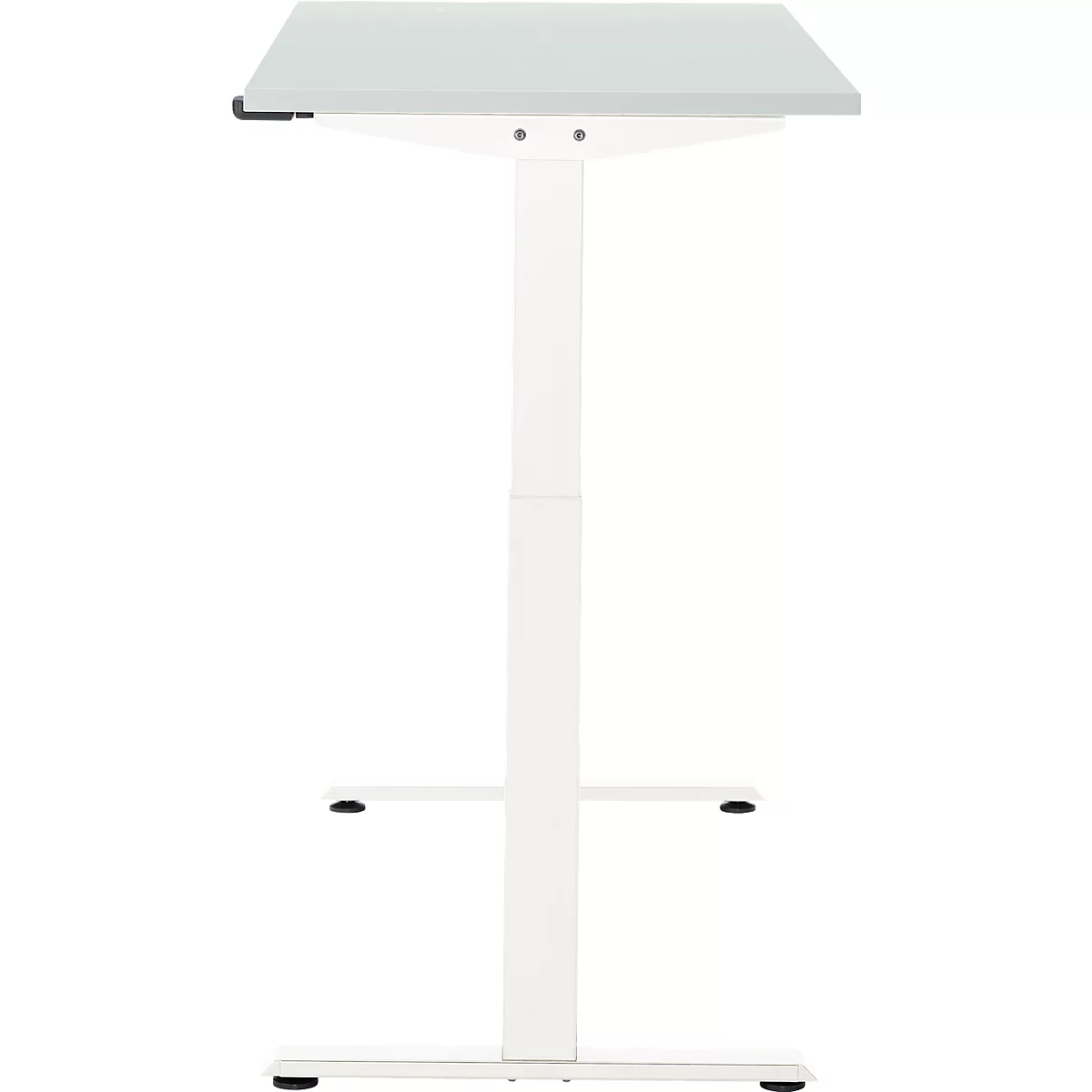 Een witte in hoogte verstelbare bureau met een grijze tafelblad en wit frame.