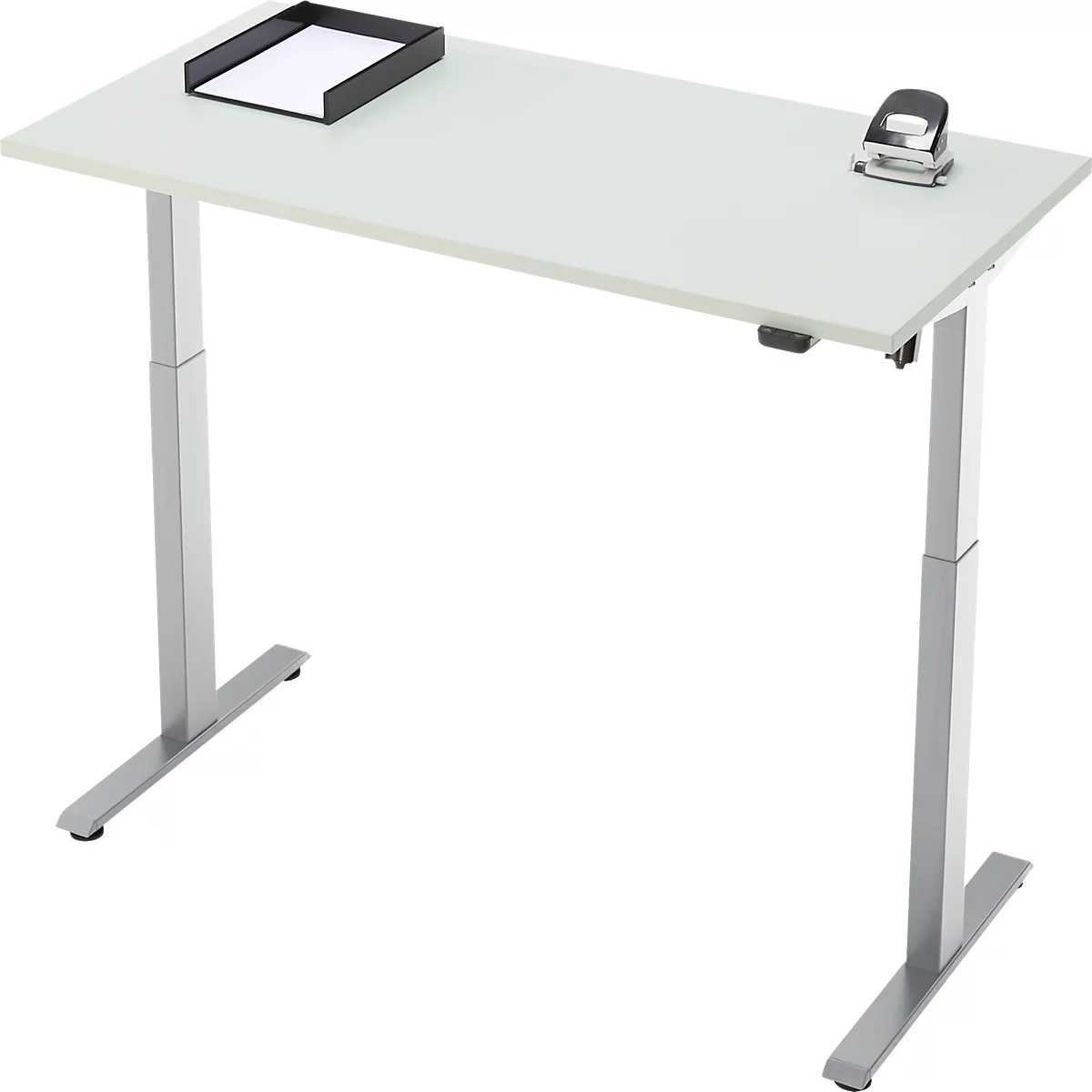 In hoogte verstelbaar bureau met zwarte perforator en papierbak.