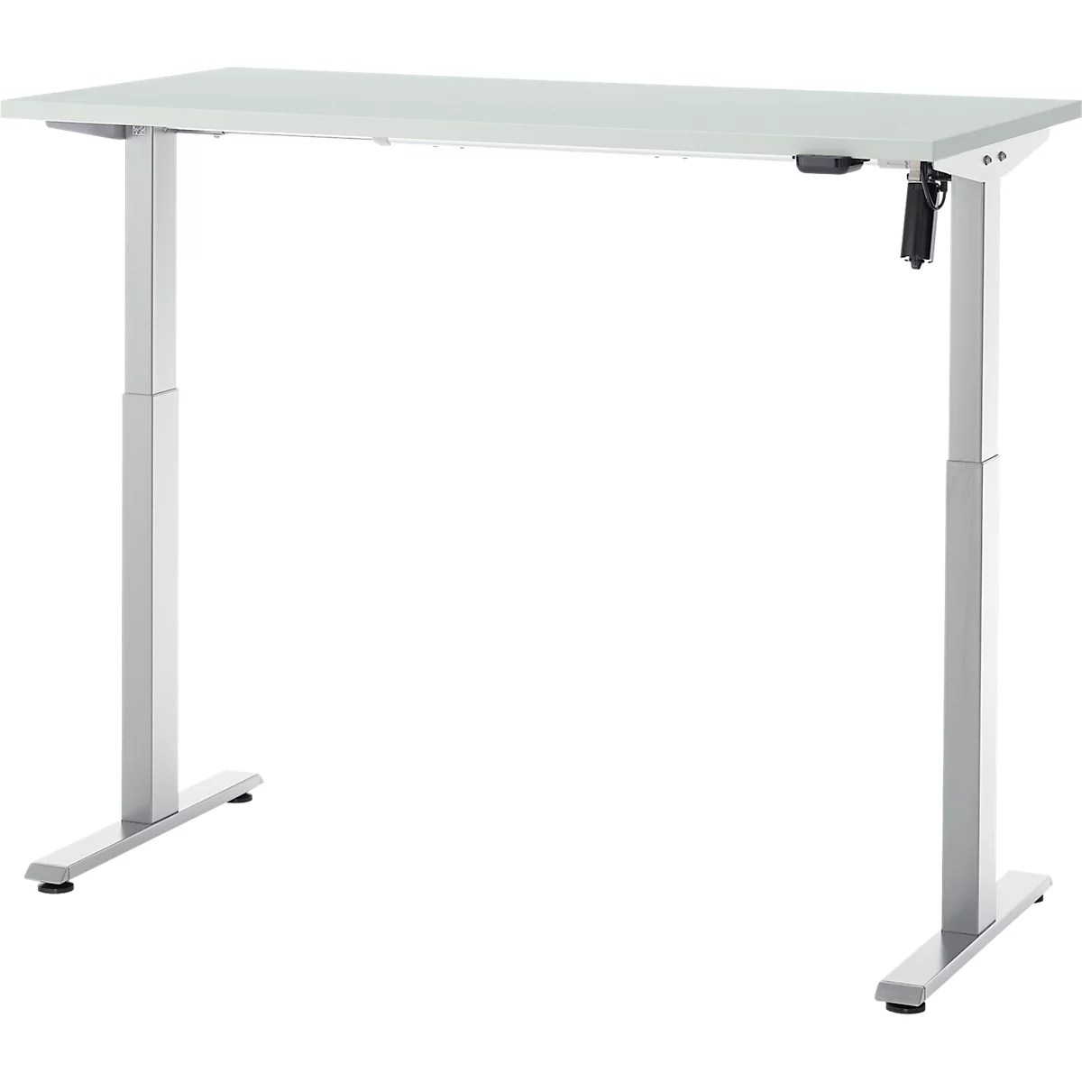 In hoogte verstelbaar bureau met wit tafelblad en zilveren poten. De kolommen zijn links en rechts te zien, en er zit een bediening aan de rechterkant.