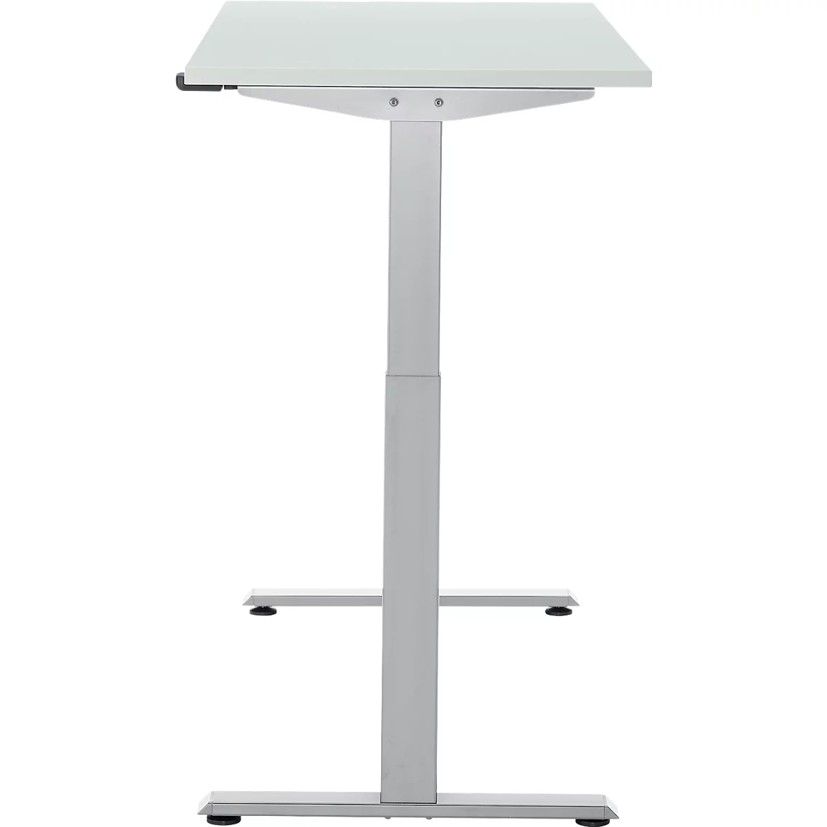 Lichte, in hoogte verstelbare bureau. Grijs frame, wit tafelblad.