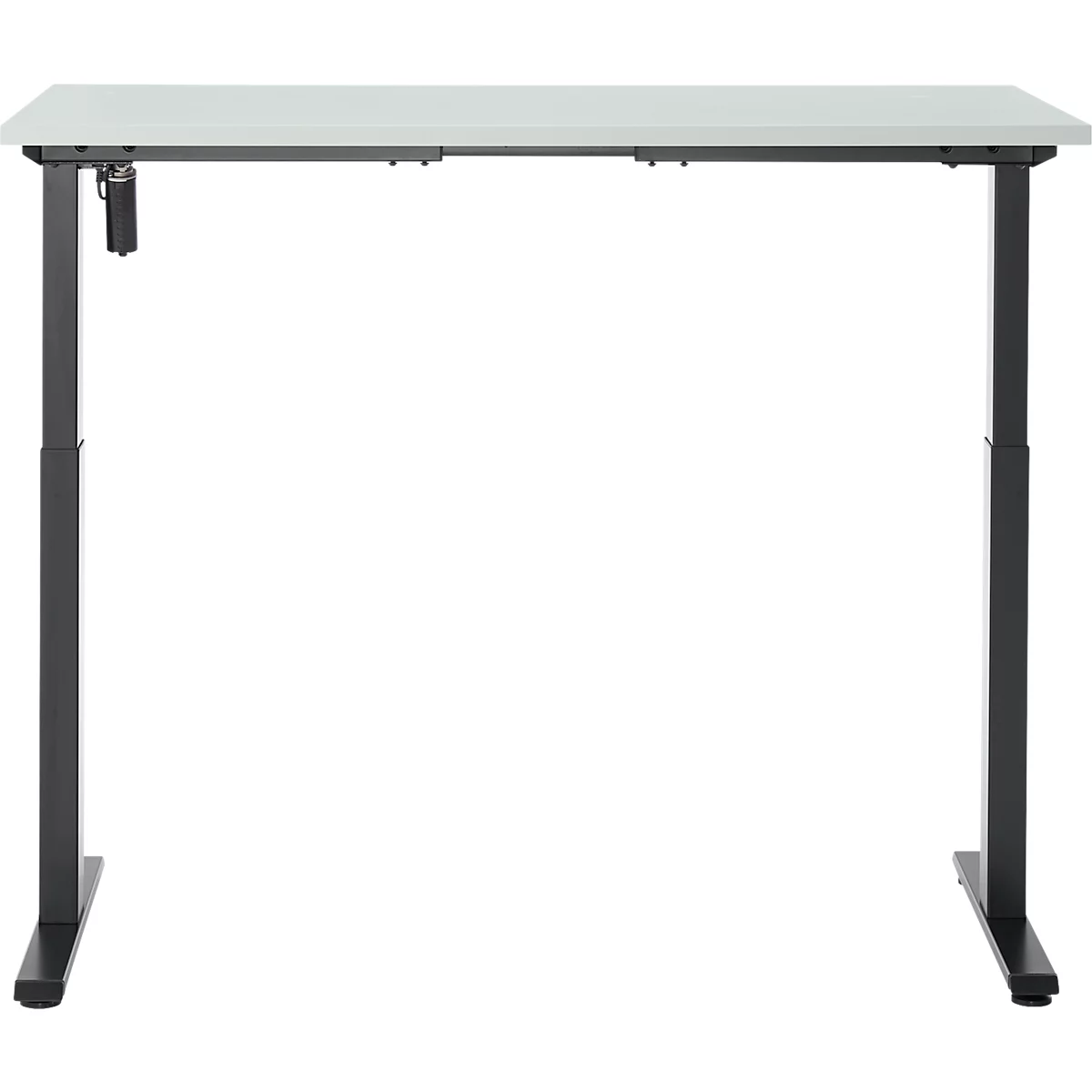 Een in hoogte verstelbaar bureau tegen een witte achtergrond. Het tafelblad is lichtgrijs, het frame is donkergrijs.