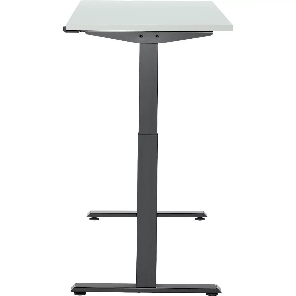 Statafel met rechthoekig, licht tafelblad en donker metalen frame.