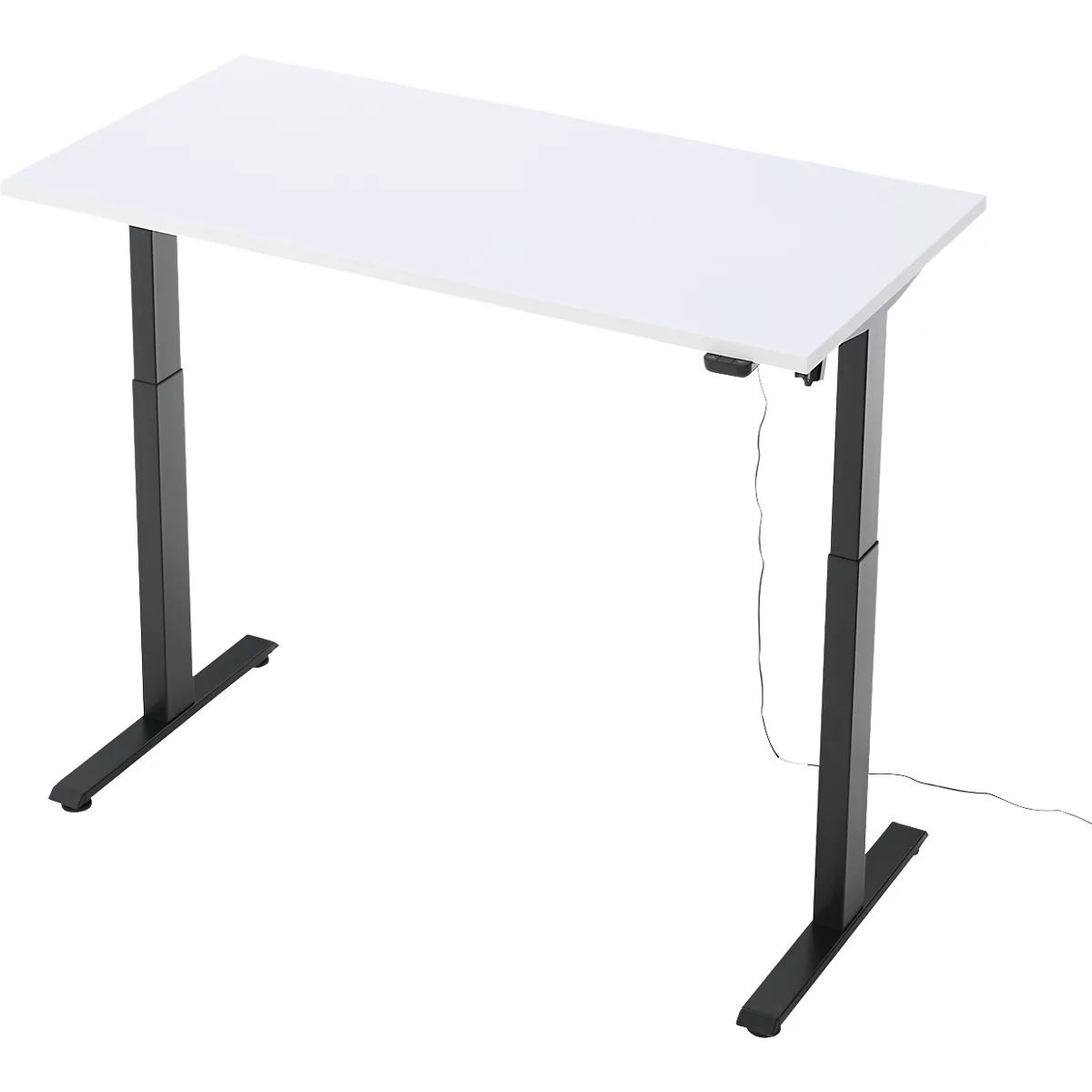 In hoogte verstelbaar bureau met wit tafelblad en zwart frame.