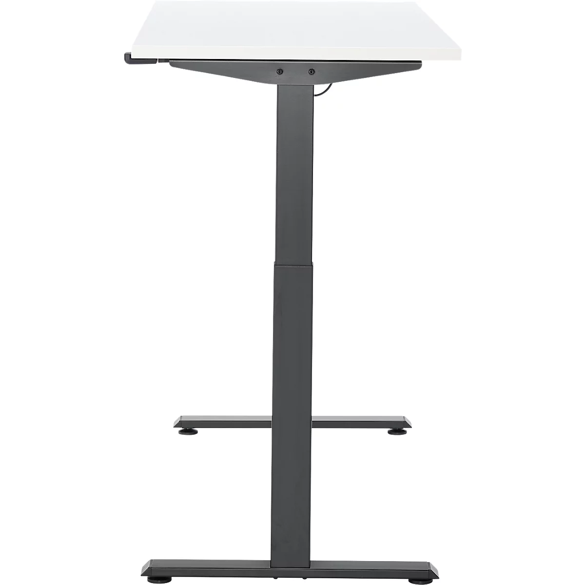 Een in hoogte verstelbaar bureau met een wit tafelblad en een grijs frame, op een witte achtergrond.