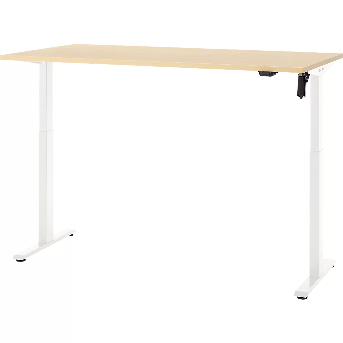 In hoogte verstelbaar bureau in licht hout, met witte poten en bedieningselementen.