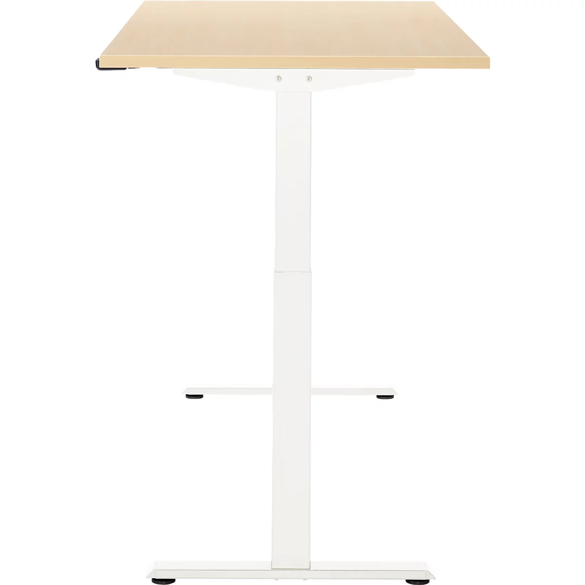 Een witte, in hoogte verstelbare bureau met een rechthoekig, lichtbruin tafelblad.