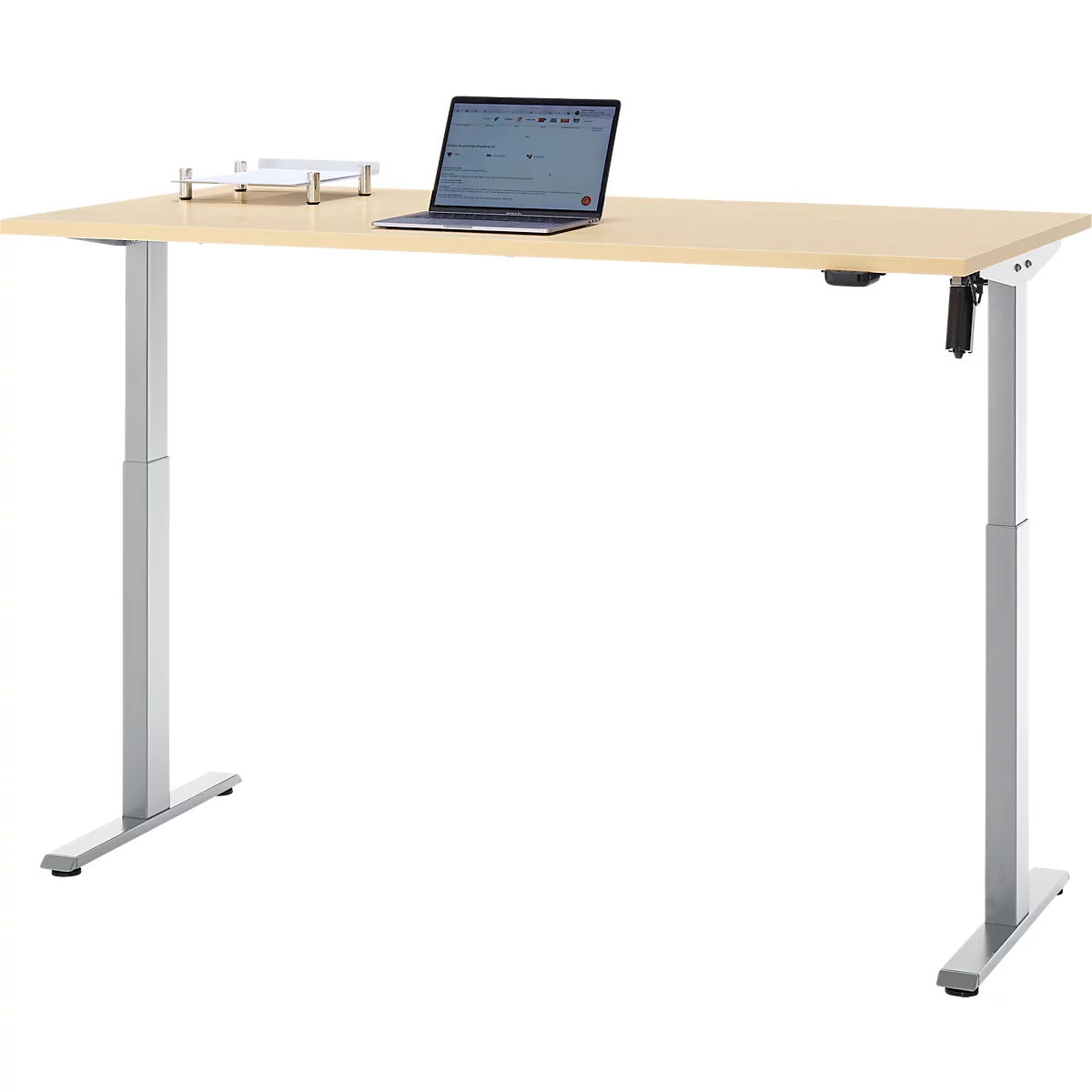 Lichtbruine in hoogte verstelbare bureau met laptop en plank. Grijze poten en frame.