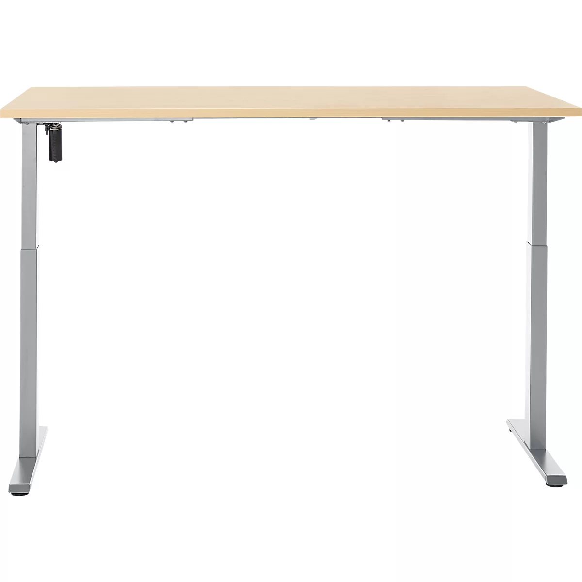 Een in hoogte verstelbaar bureau met een lichtbruin tafelblad en zilverkleurige poten. De linkerkant heeft een bedieningseenheid.