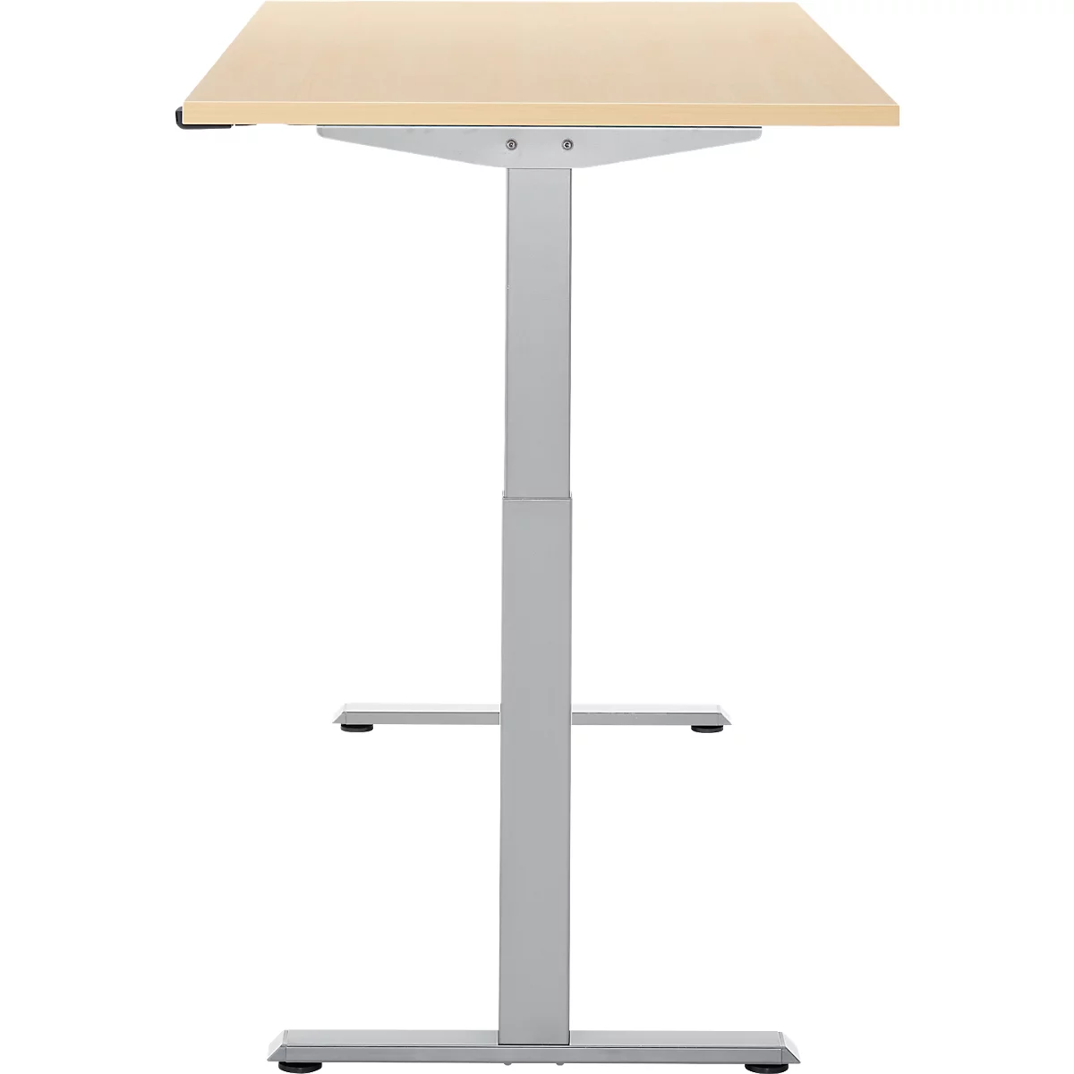 Statafel met licht houten blad en grijs frame. Twee voeten aan de onderkant, inclusief een plank.