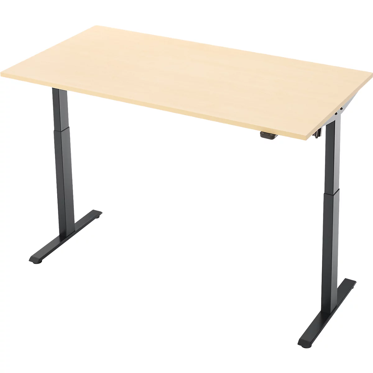 Een in hoogte verstelbaar bureau met een lichtbruin tafelblad en zwarte poten.