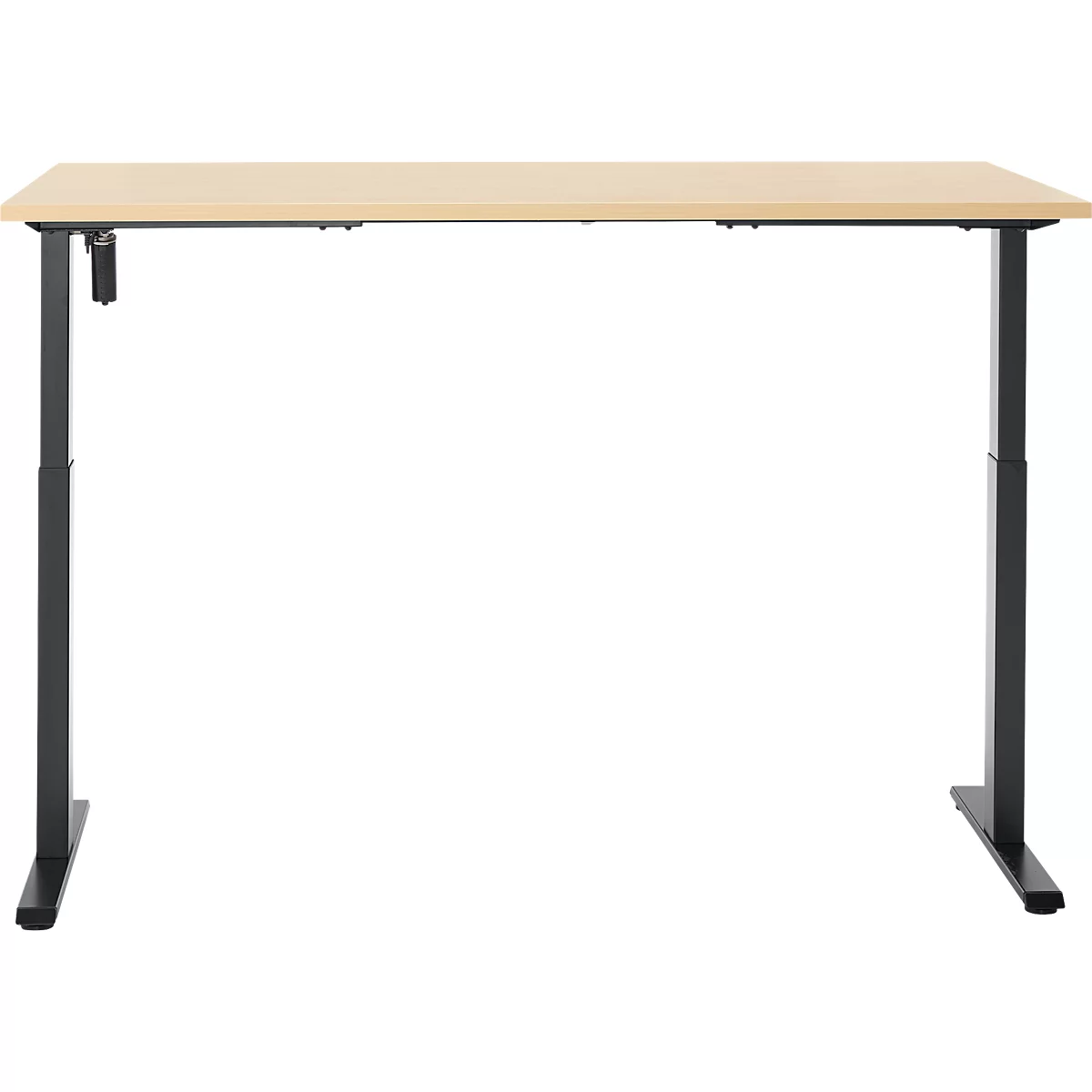 Een in hoogte verstelbaar houten bureau met zwarte poten, tegen een witte achtergrond.