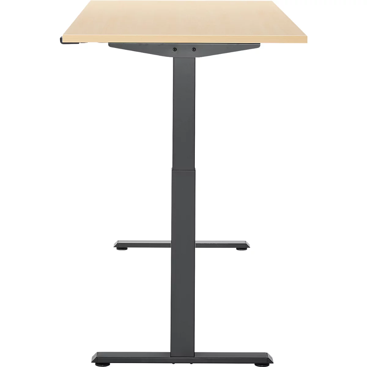 Statafel, lichtbruin tafelblad, grijs frame. De tafel is in hoogte verstelbaar.