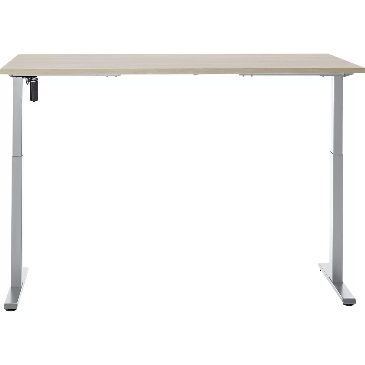 Lichtkleurige, rechthoekige bureau op zilveren, in hoogte verstelbare poten. Een zwarte knop zit aan de zijkant.