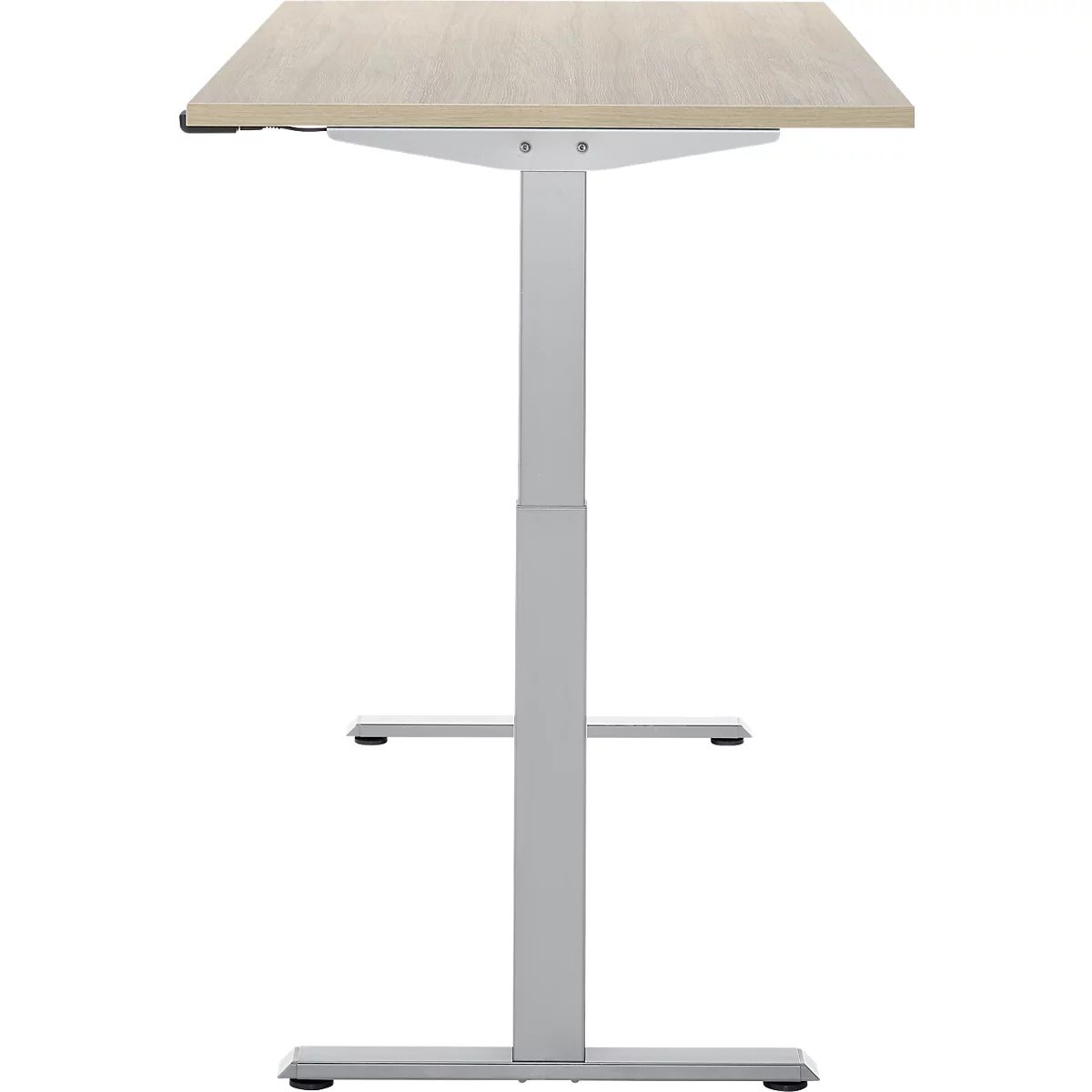 Een staande bureau met een lichtbruin tafelblad en een zilveren frame. Het tafelblad is rechthoekig. Het frame heeft twee horizontale staven.