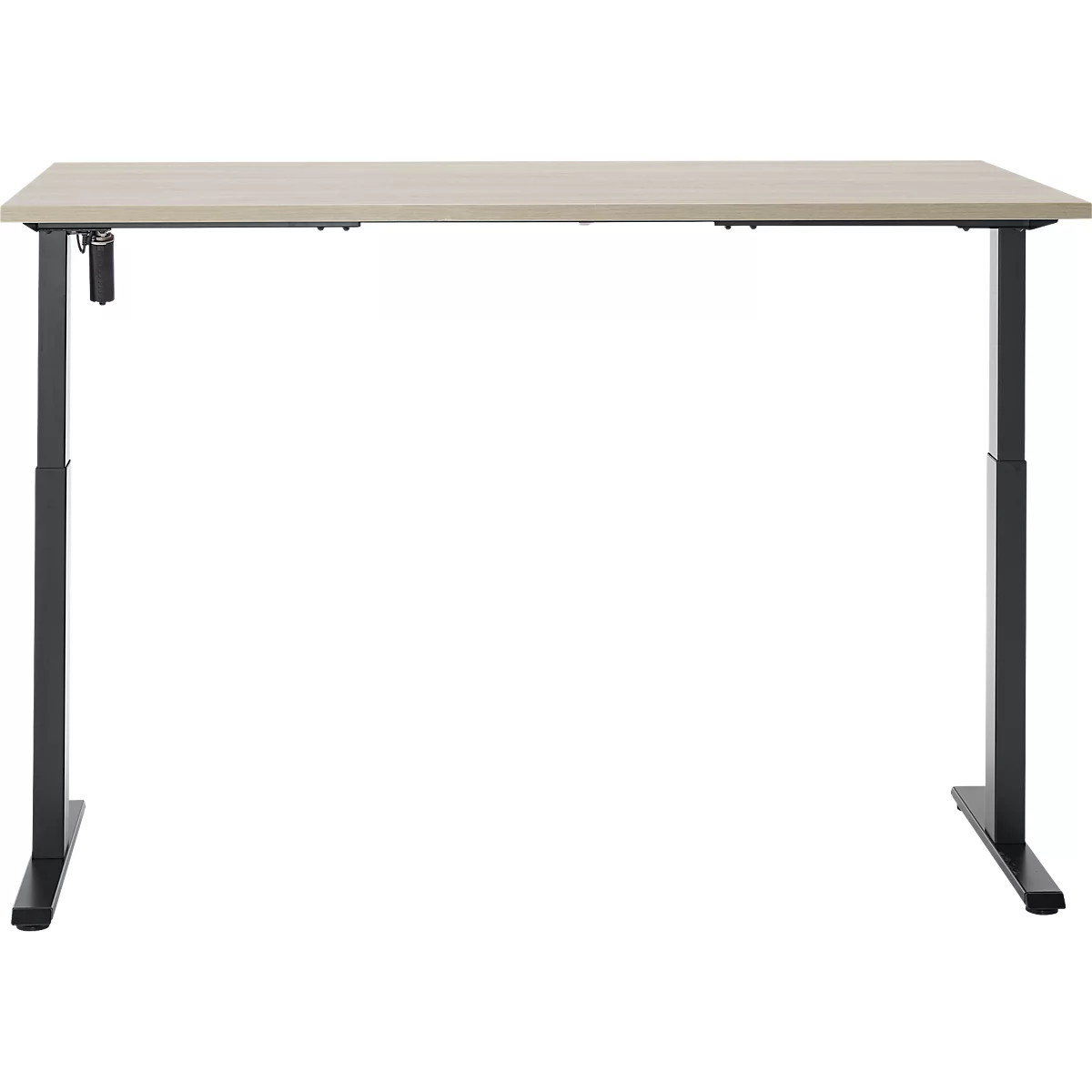 Lichtbruin tafelblad op zwart, in hoogte verstelbaar frame.