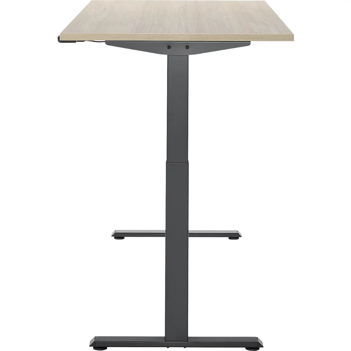 In hoogte verstelbaar bureau, lichtbruin tafelblad, grijs frame.