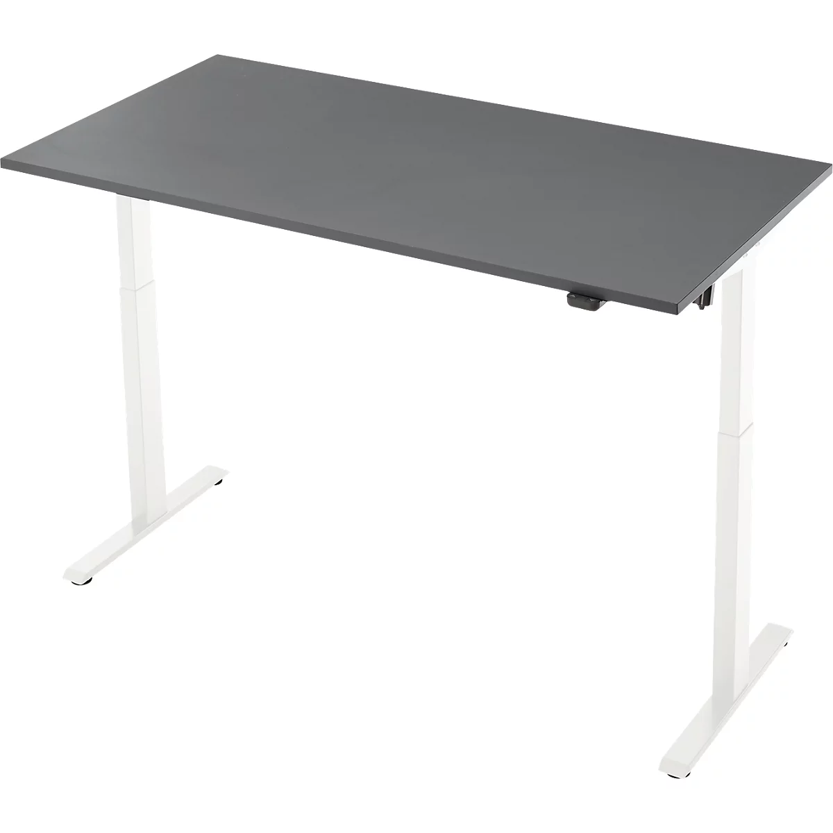 Een grijze, in hoogte verstelbare bureau met witte poten. Het ontwerp is minimalistisch en modern.