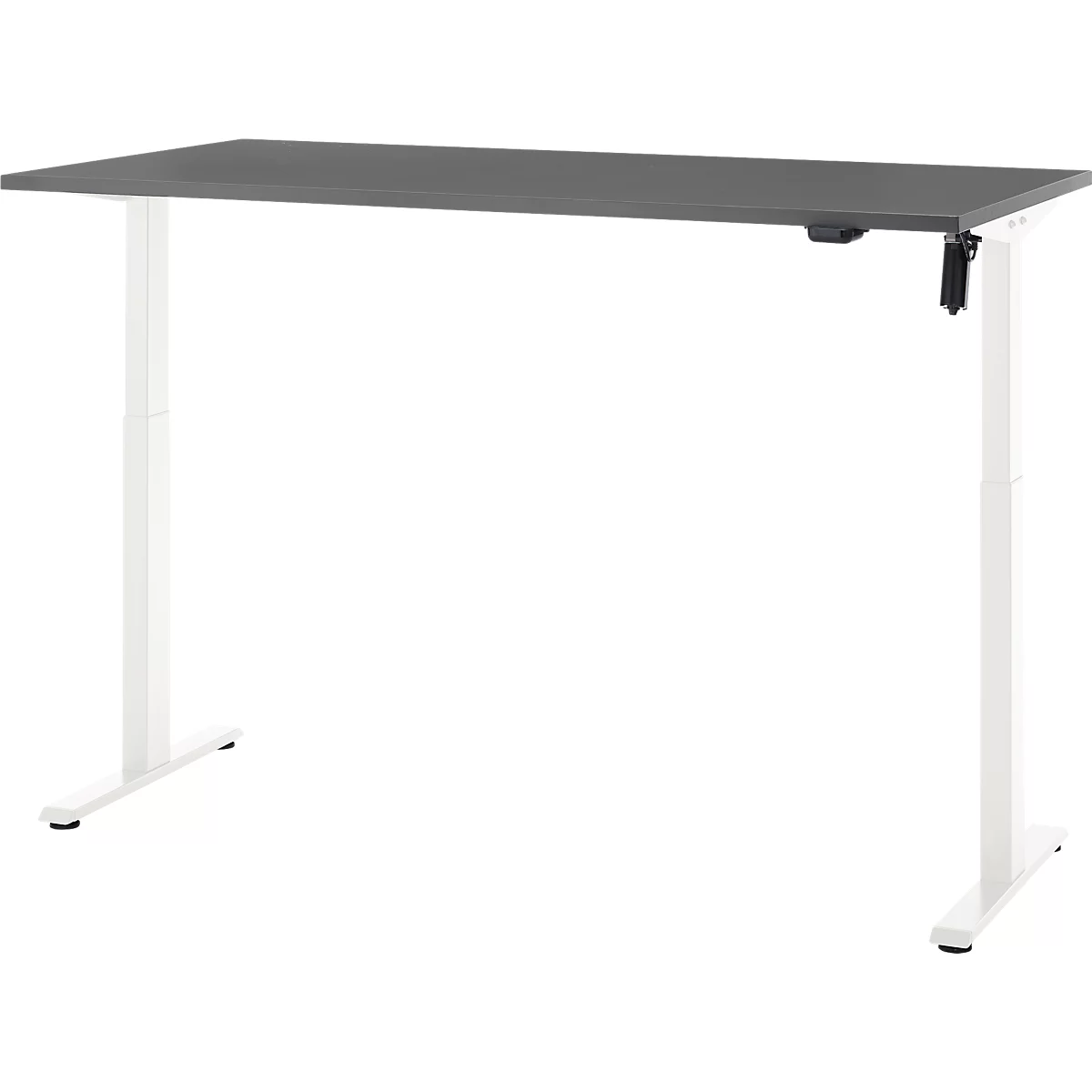 In hoogte verstelbaar bureau, grijs tafelblad, witte poten. Bedieningspaneel rechts.