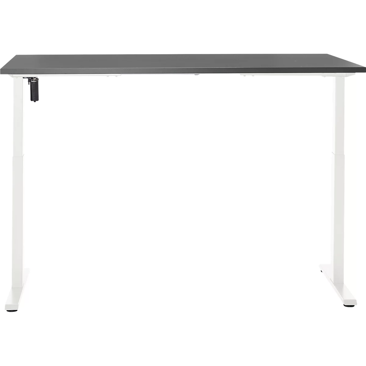 In hoogte verstelbaar bureau met grijs tafelblad en witte poten op een witte achtergrond.