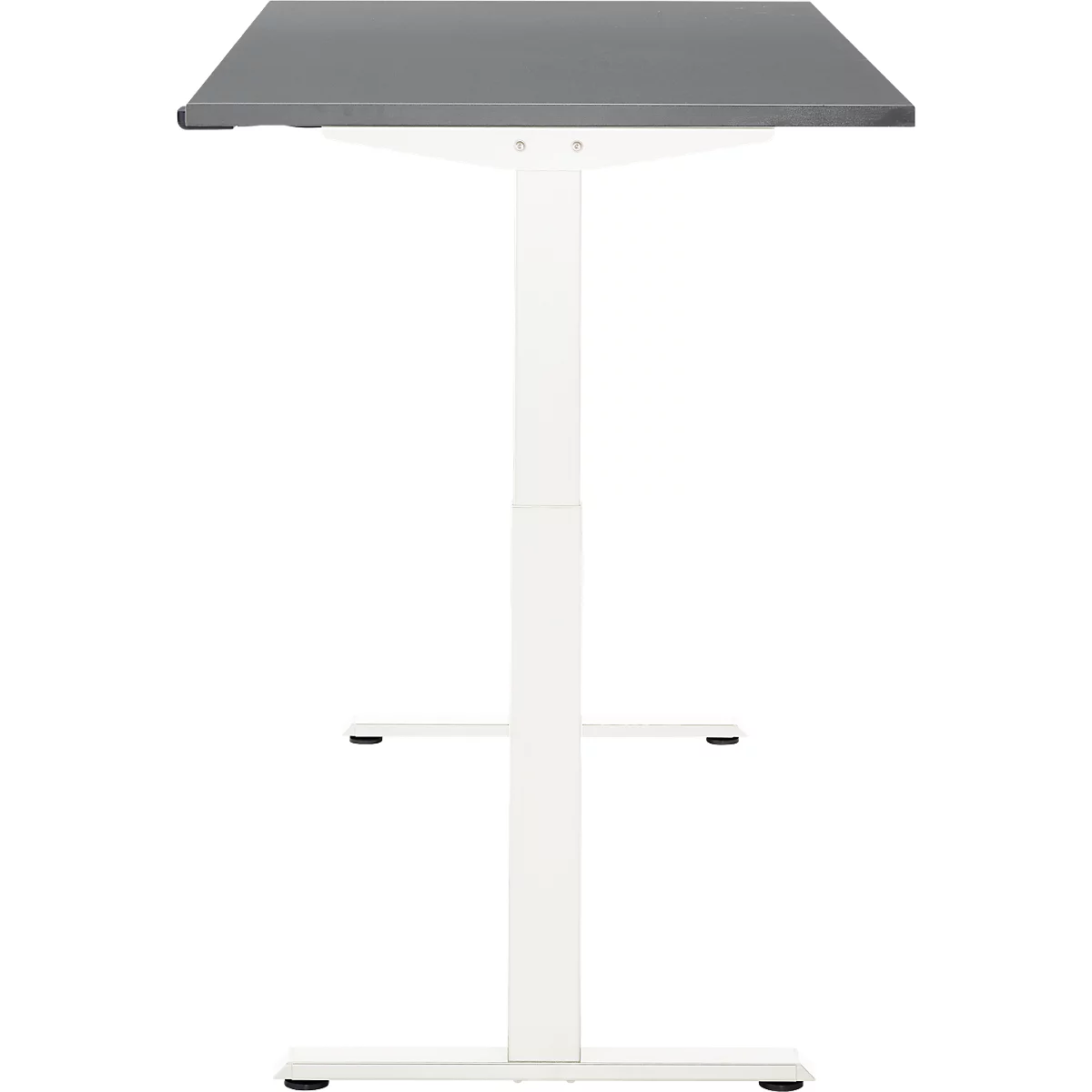 Een in hoogte verstelbaar bureau met een grijs tafelblad en een wit frame, tegen een witte achtergrond.