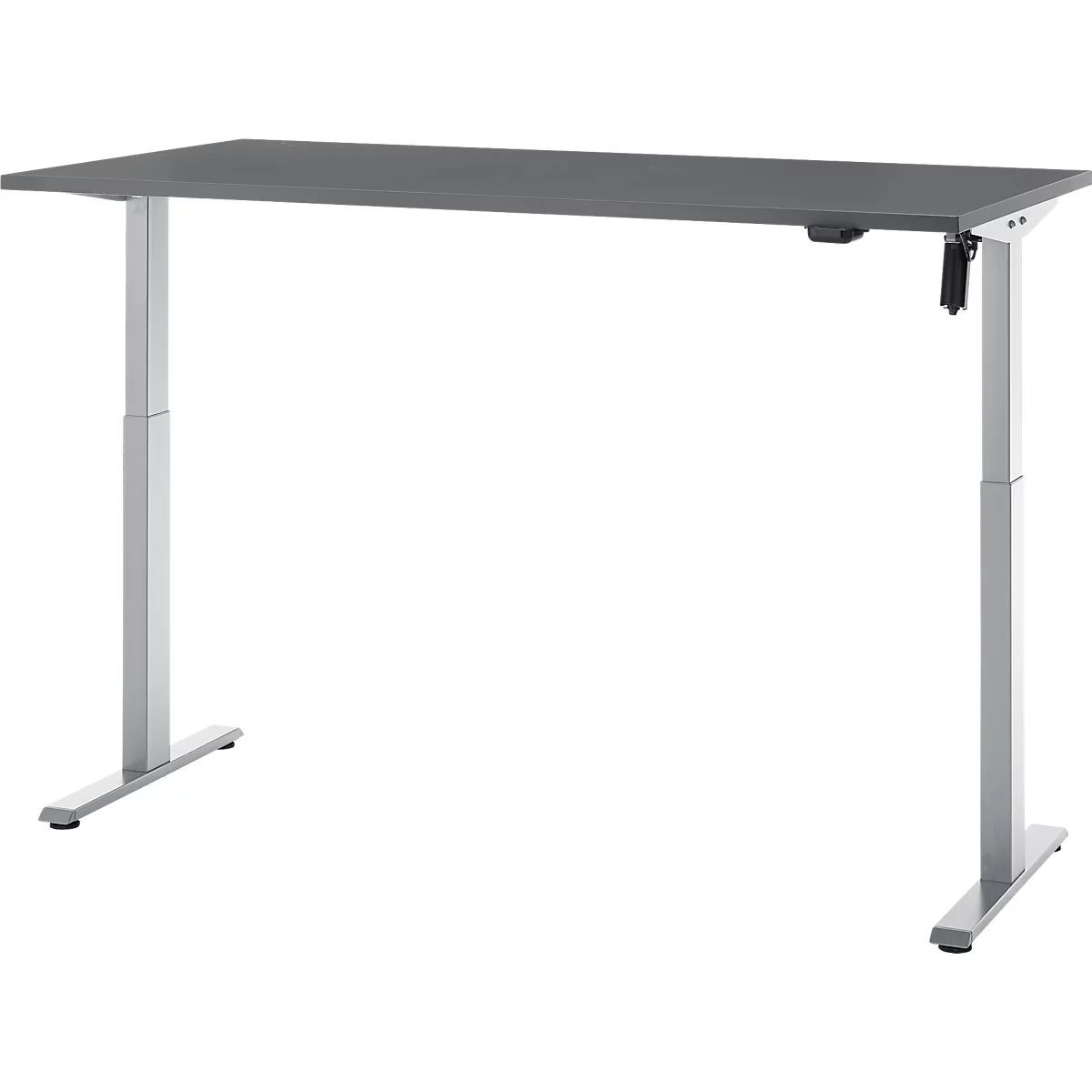 Grijs, in hoogte verstelbaar bureau; rechthoekig tafelblad op zilveren poten.