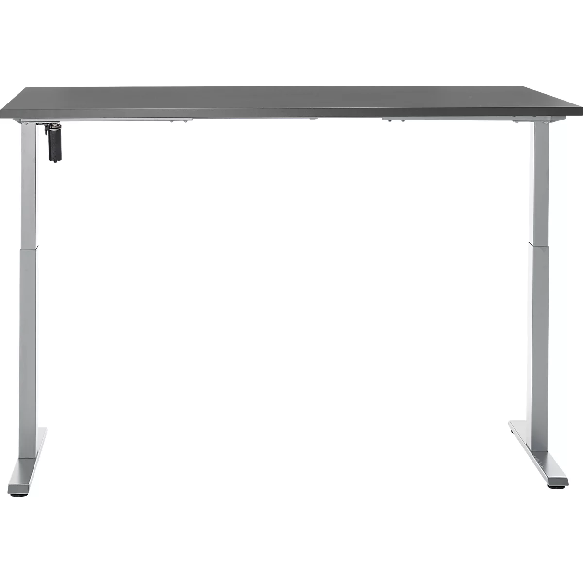 Een grijze, in hoogte verstelbare bureautafel met zilveren poten op een witte achtergrond.