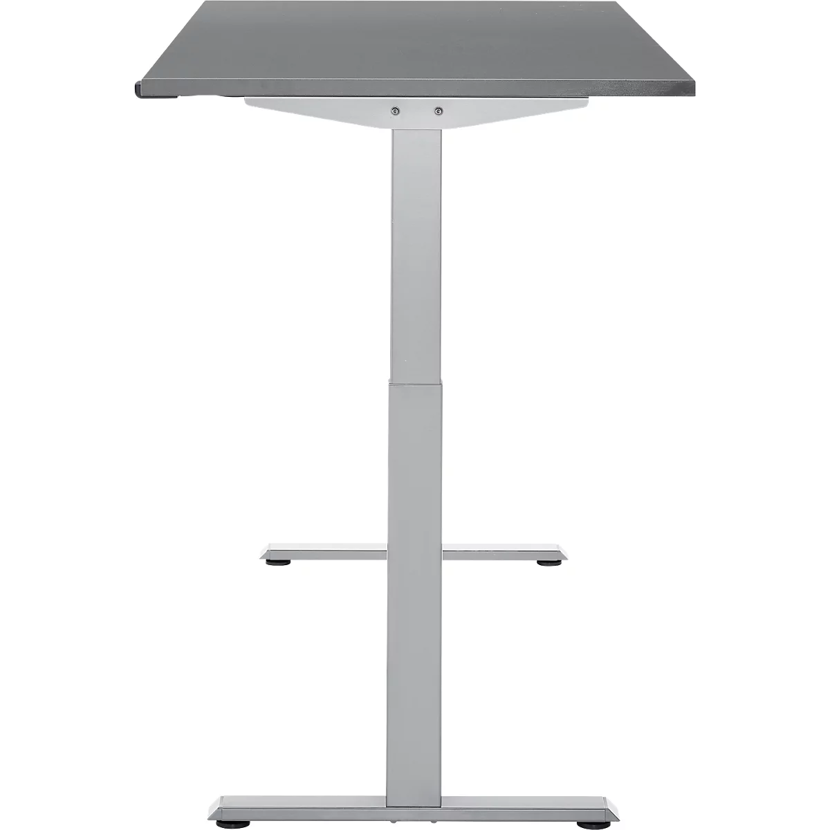 Een in hoogte verstelbaar bureau, grijs. Het rechthoekige tafelblad is lichtgrijs. De basis is zilver.