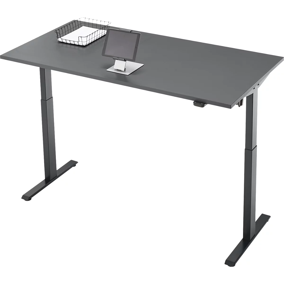 Een in hoogte verstelbaar grijs bureau met tablet en pennenhouder.