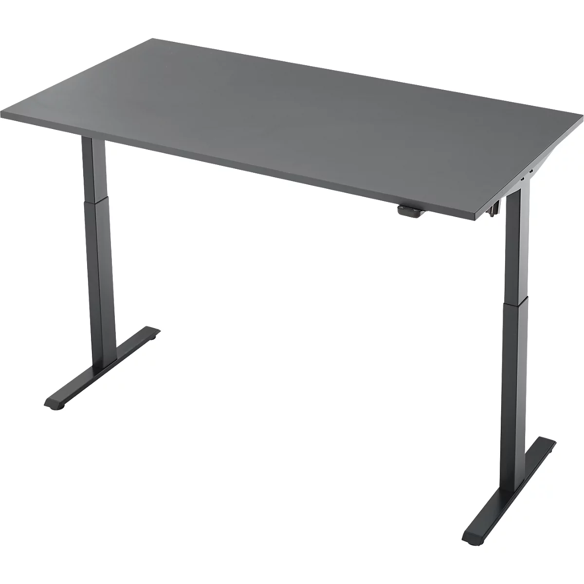 Grijs, in hoogte verstelbaar bureau, gefotografeerd vanuit vogelperspectief.