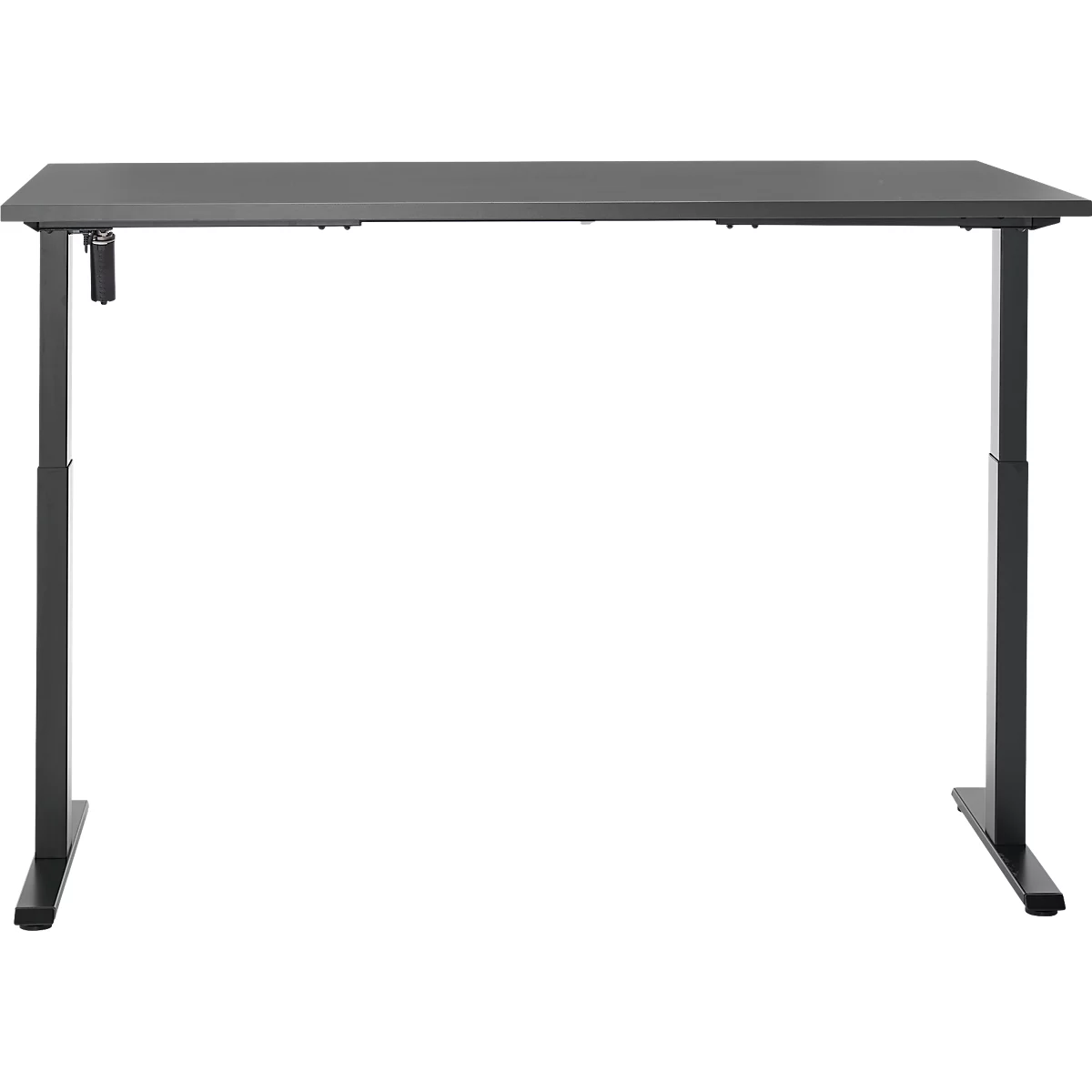 Een grijze in hoogte verstelbare bureau met een rechthoekig tafelblad en een donker metalen frame.