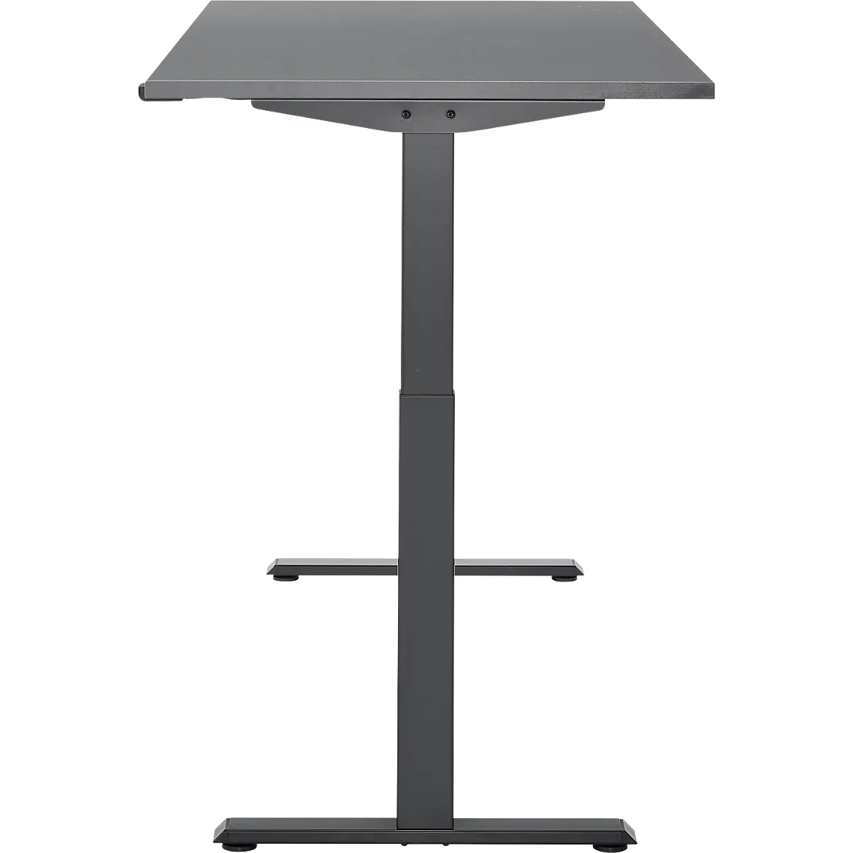 Grijze in hoogte verstelbare statafel met een vierkant tafelblad en twee planken.