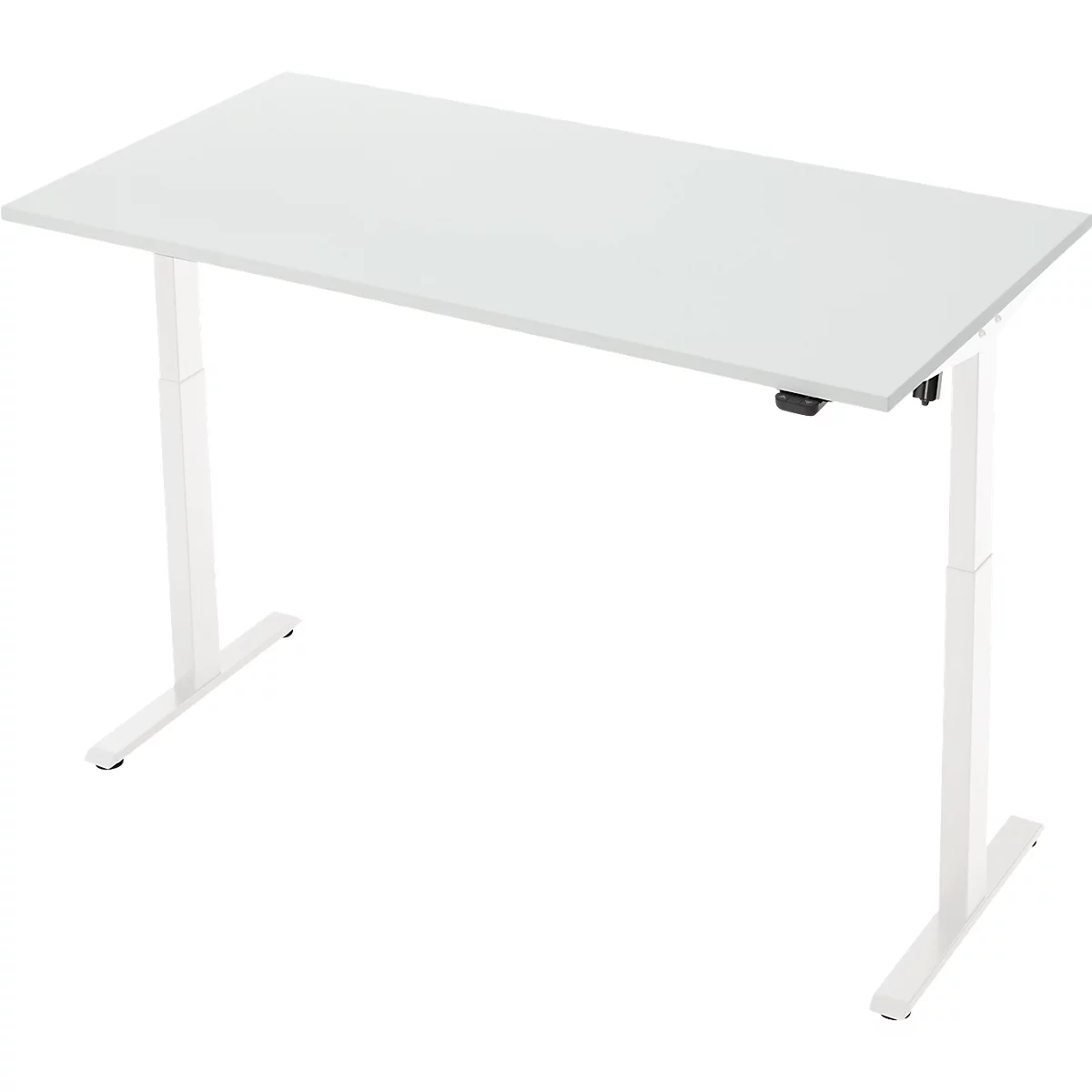 Witte in hoogte verstelbare bureau tegen een witte achtergrond.
