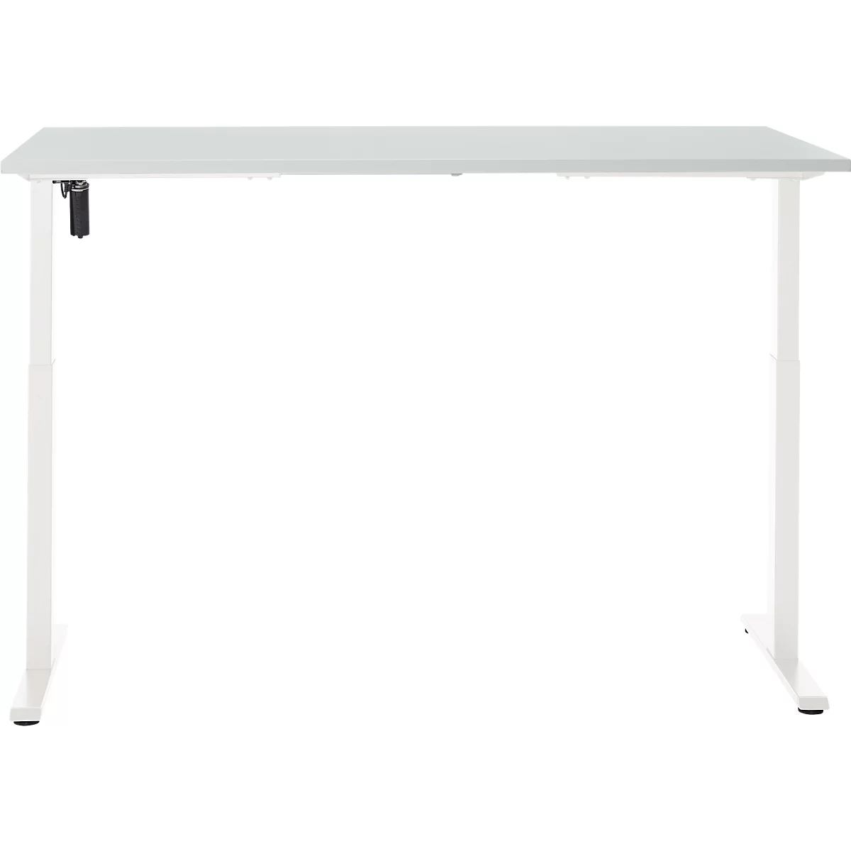 Lichtgrijze in hoogte verstelbare bureau. Rechthoekig tafelblad op witte poten.