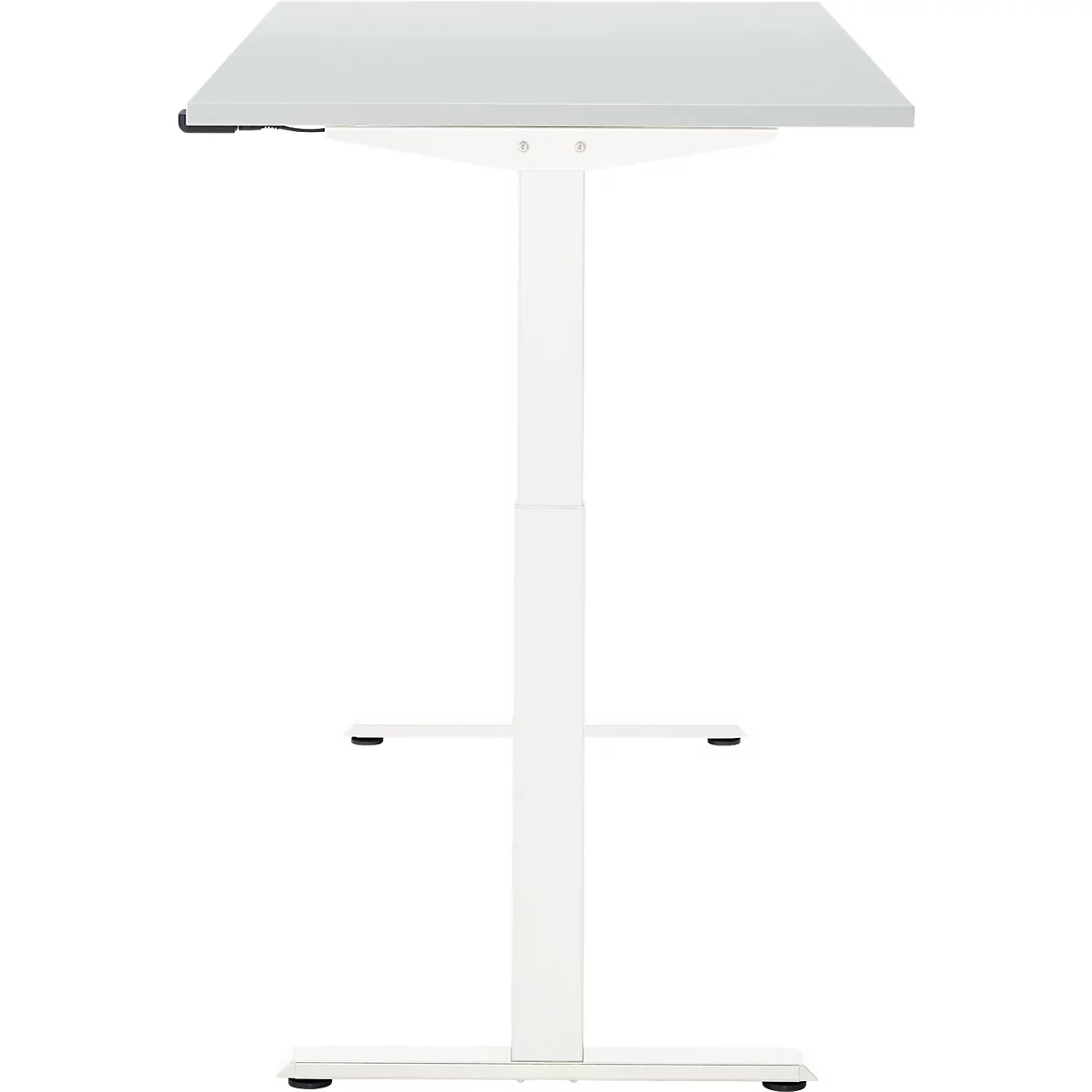 Witte, in hoogte verstelbare bureau met een vierkant tafelblad en een kolomvoet.