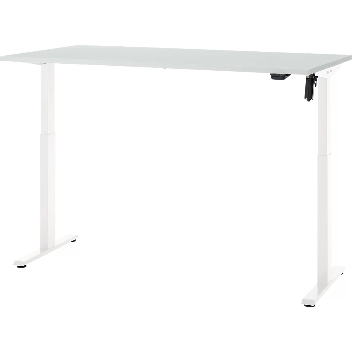 Witte, in hoogte verstelbare bureau met grijs tafelblad. Hef- en daalfunctie is zichtbaar.
