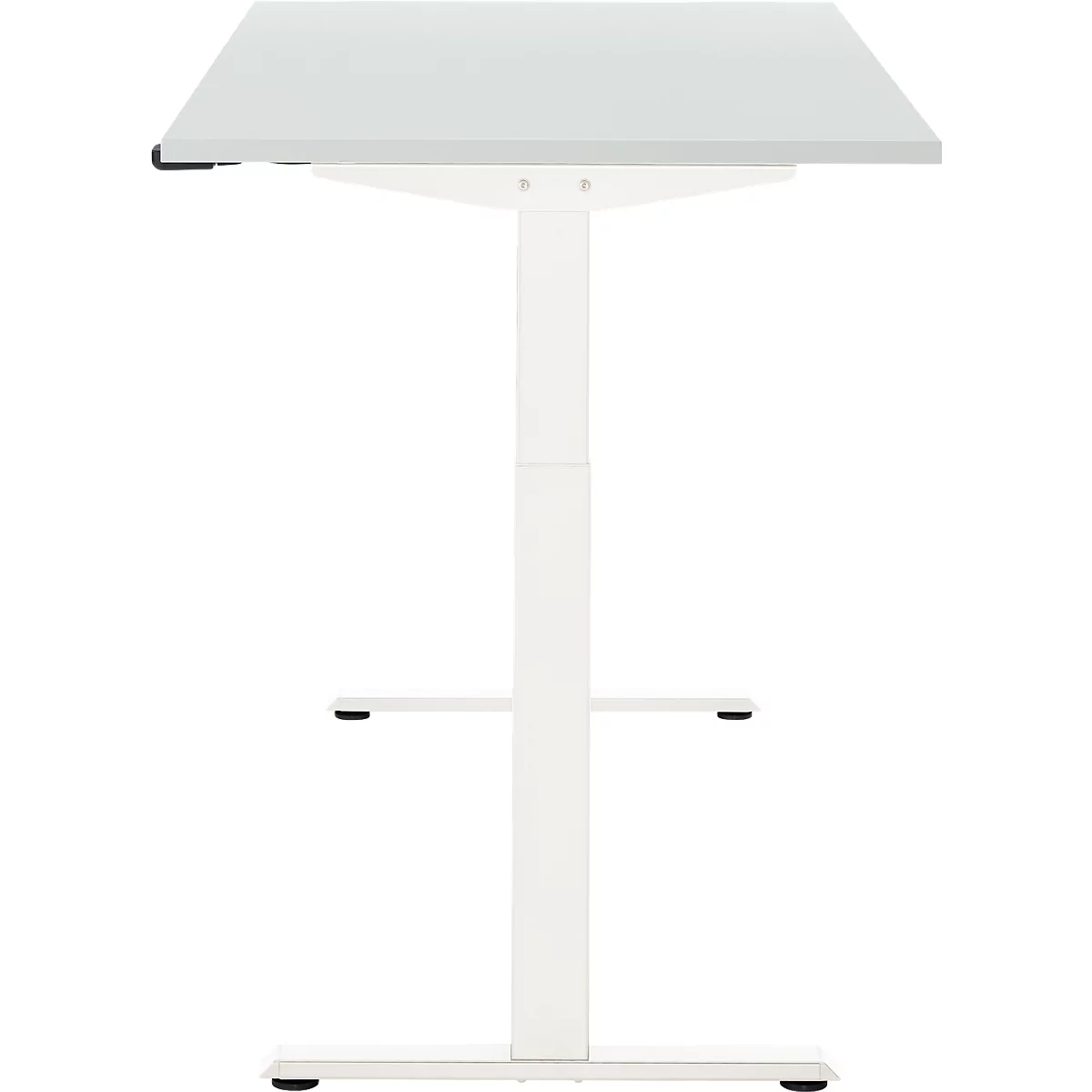 Een witte, in hoogte verstelbare statafel met een vierkant tafelblad.