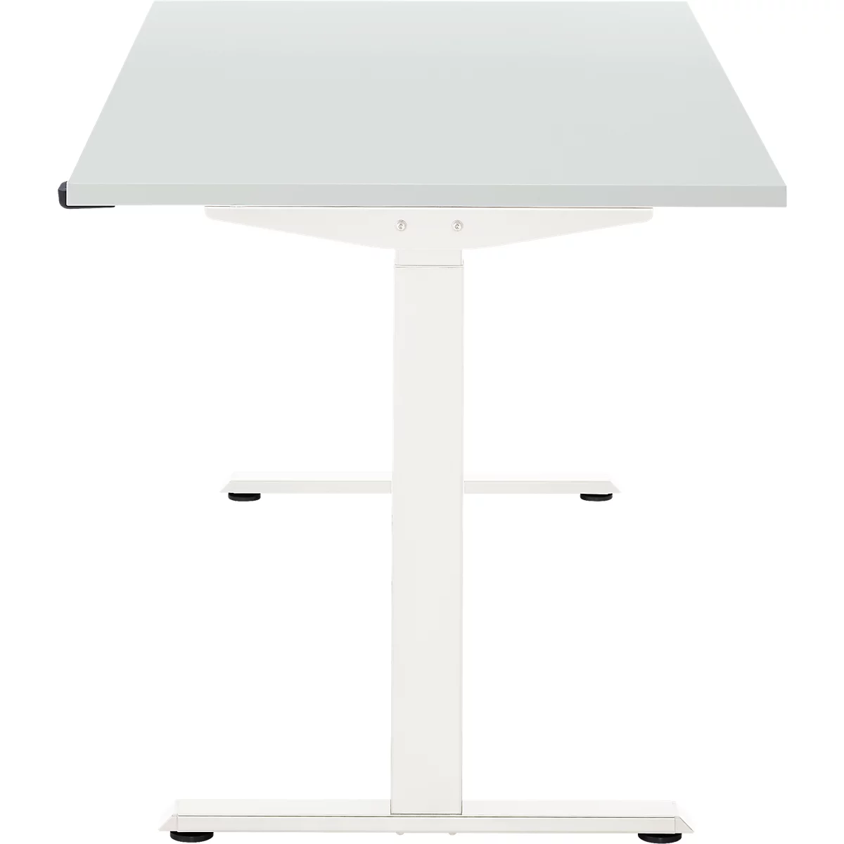 Witte in hoogte verstelbare bureau, van bovenaf gefotografeerd, tegen een witte achtergrond.