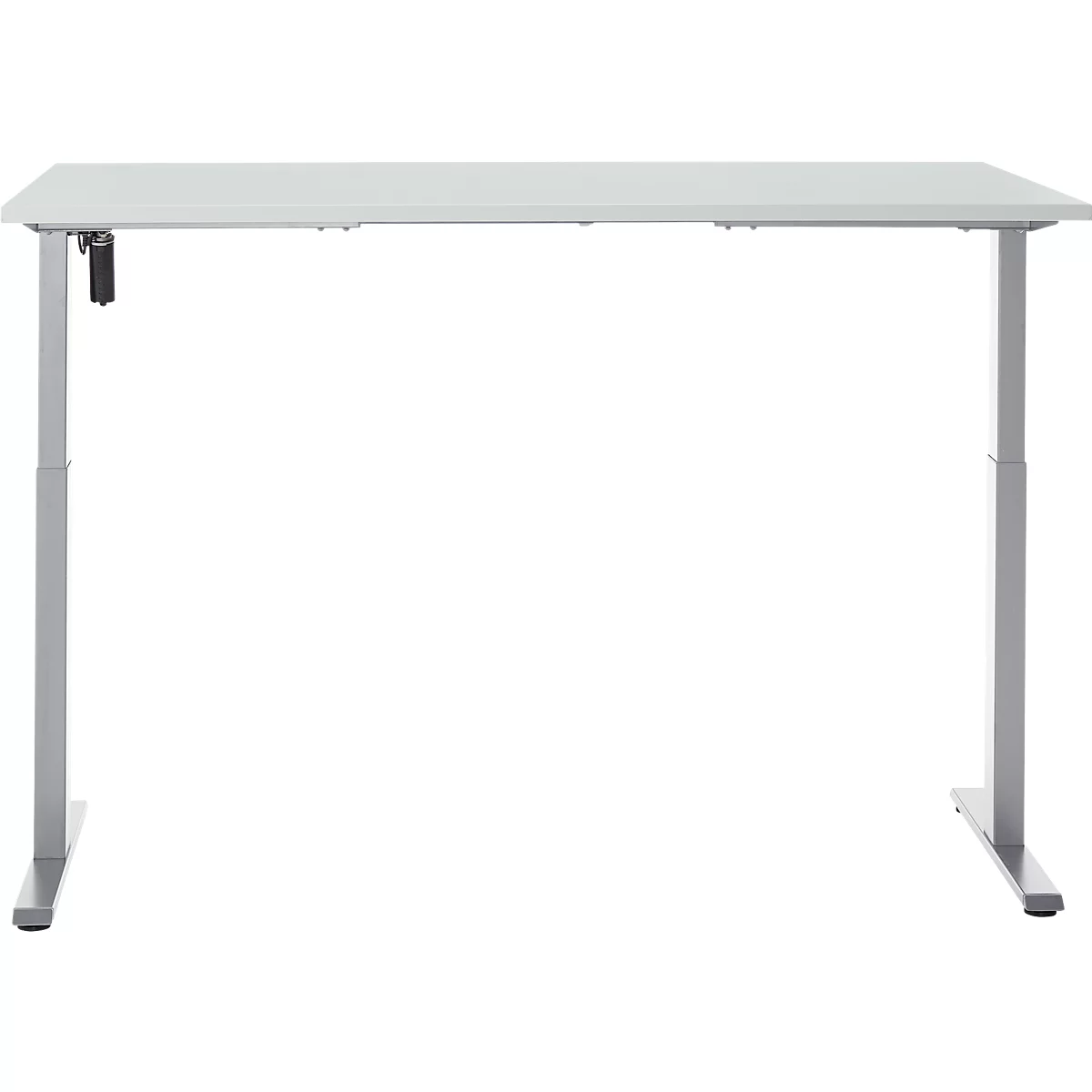 Een in hoogte verstelbaar bureau met een lichtgrijs tafelblad en zilveren poten. Bediening aan de linkerkant.