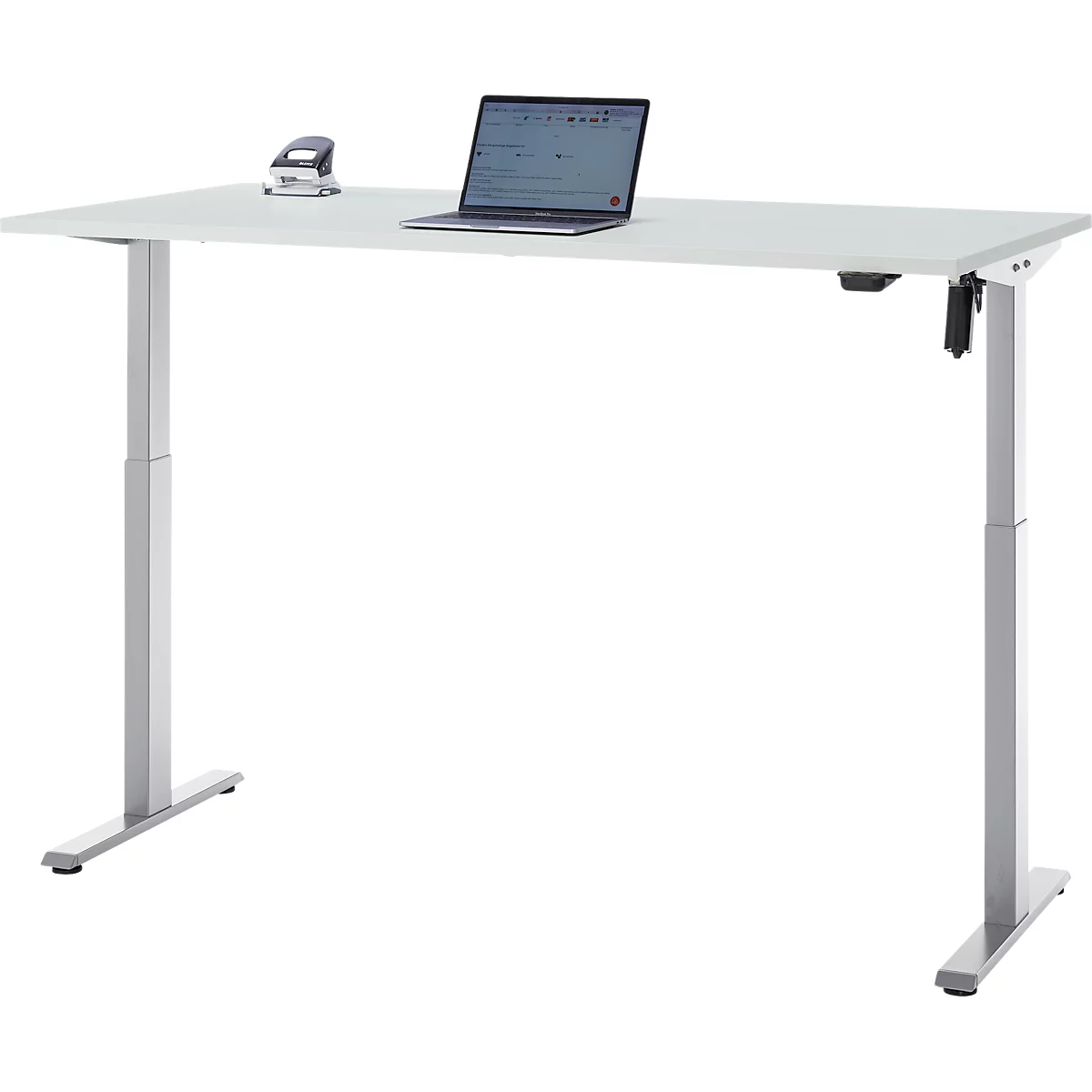 Wit, in hoogte verstelbaar bureau met laptop en nietmachine. Metalen poten.