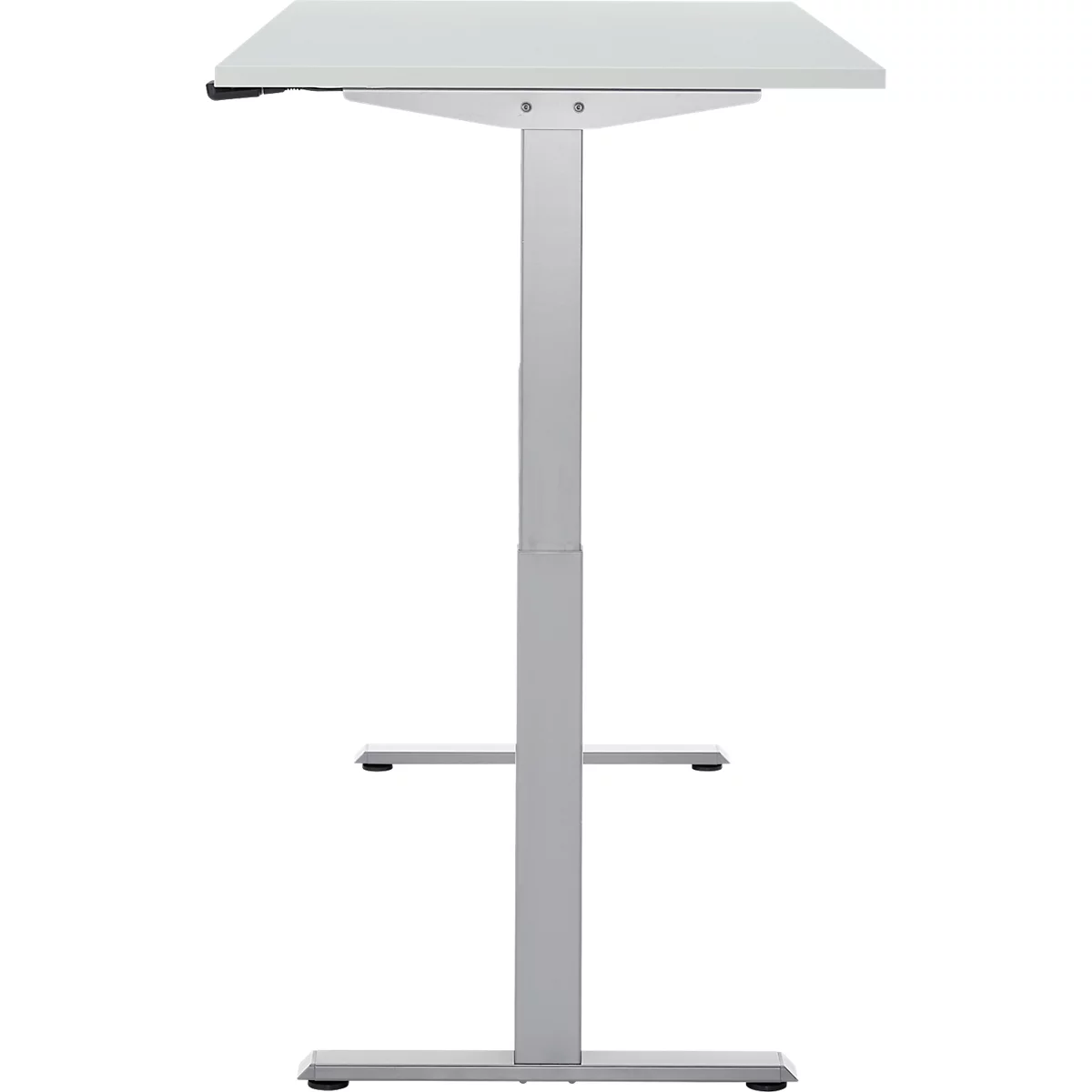 Staconferentiebureau met rechthoekig wit tafelblad en verstelbaar zilverkleurig frame.