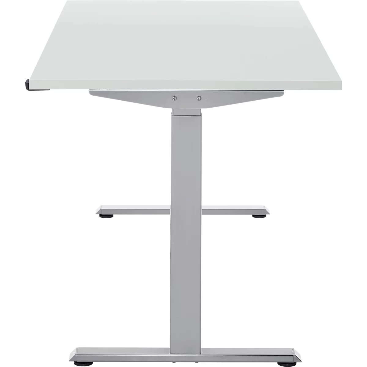 Een witte, in hoogte verstelbare statafel, staand op een witte achtergrond.