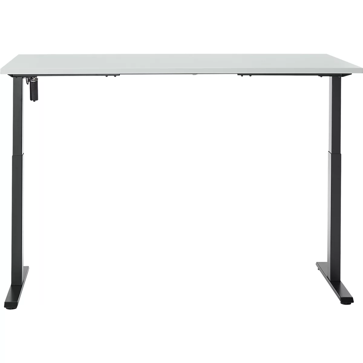 Een witte, rechthoekige bureau op zwarte, in hoogte verstelbare poten tegen een witte achtergrond.