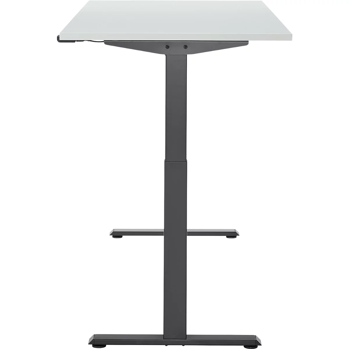 Een witte, rechthoekige statafel. Het heeft een grijs frame en een voetensteun. De tafel is in volledige hoogte afgebeeld.