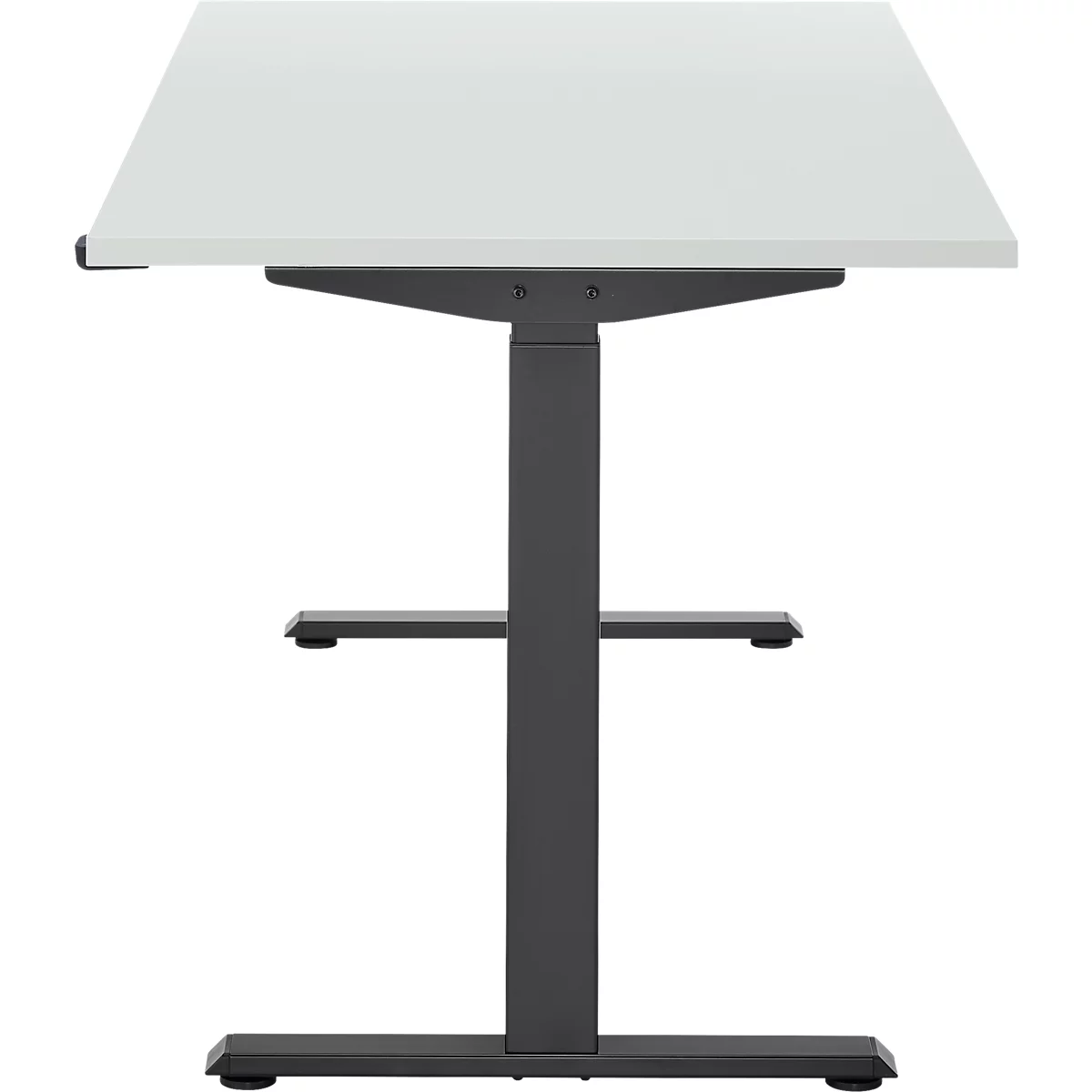 Een in hoogte verstelbaar bureau met grijze poten en een wit tafelblad, gefotografeerd van bovenaf.